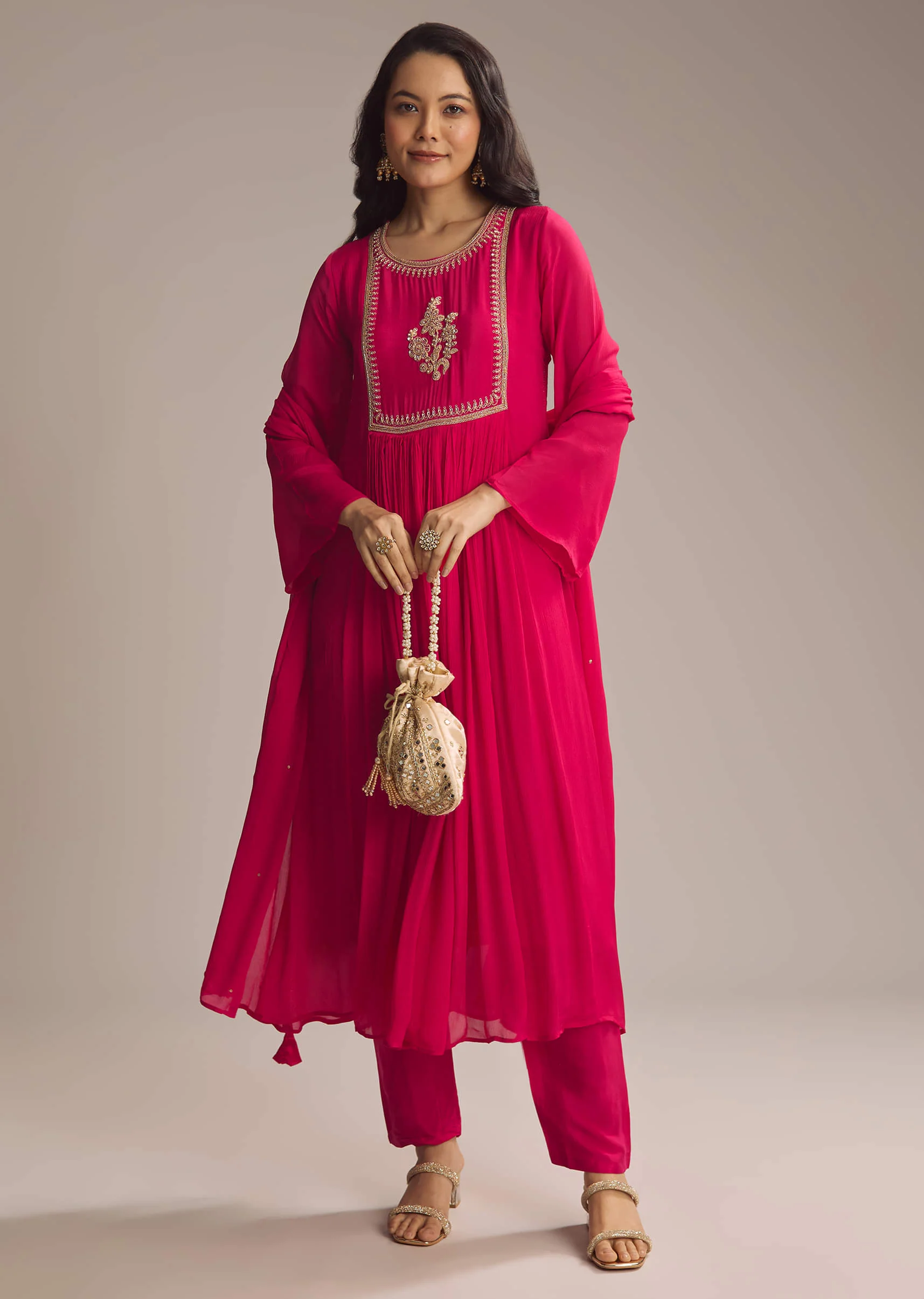Pink Chinon Anarkali Suit With Zari Work - Image 3
