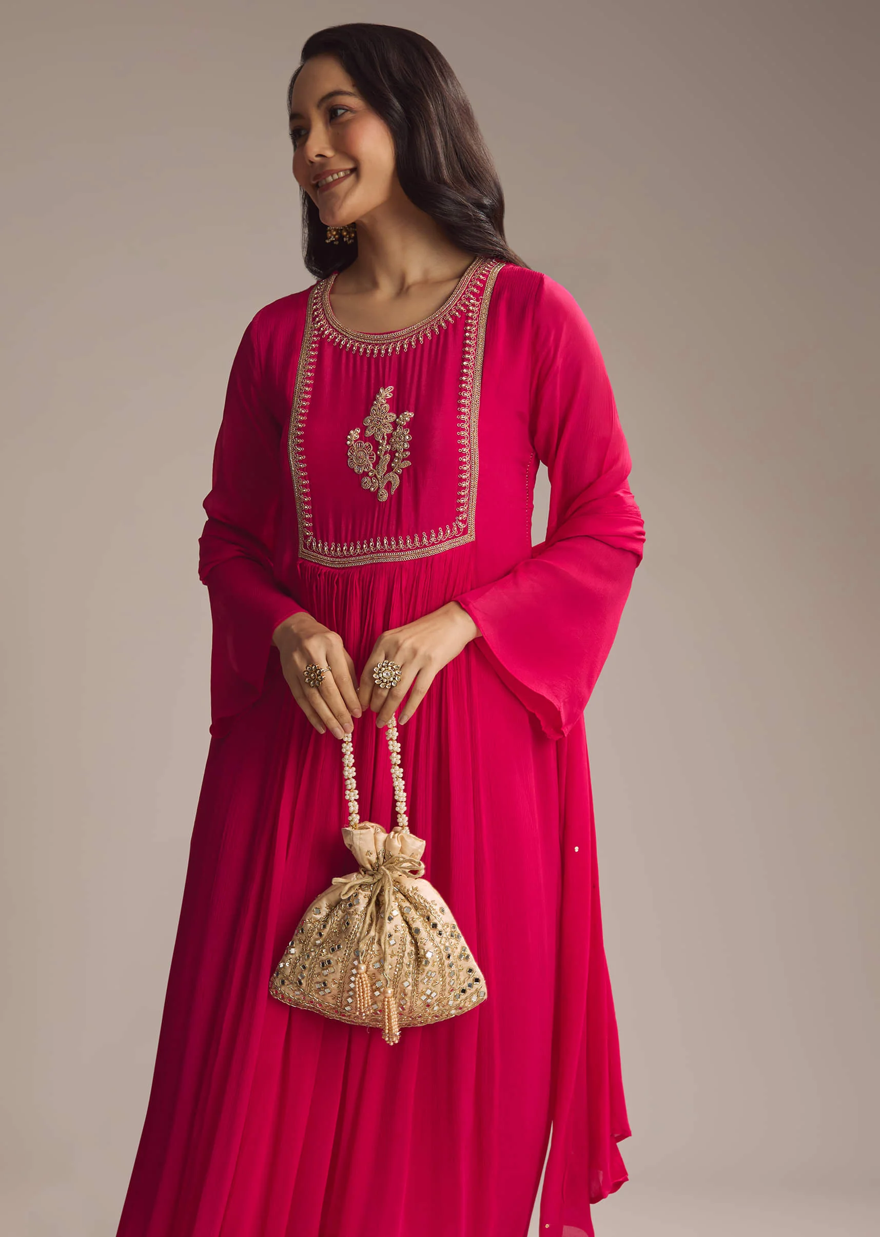 Pink Chinon Anarkali Suit With Zari Work - Image 4