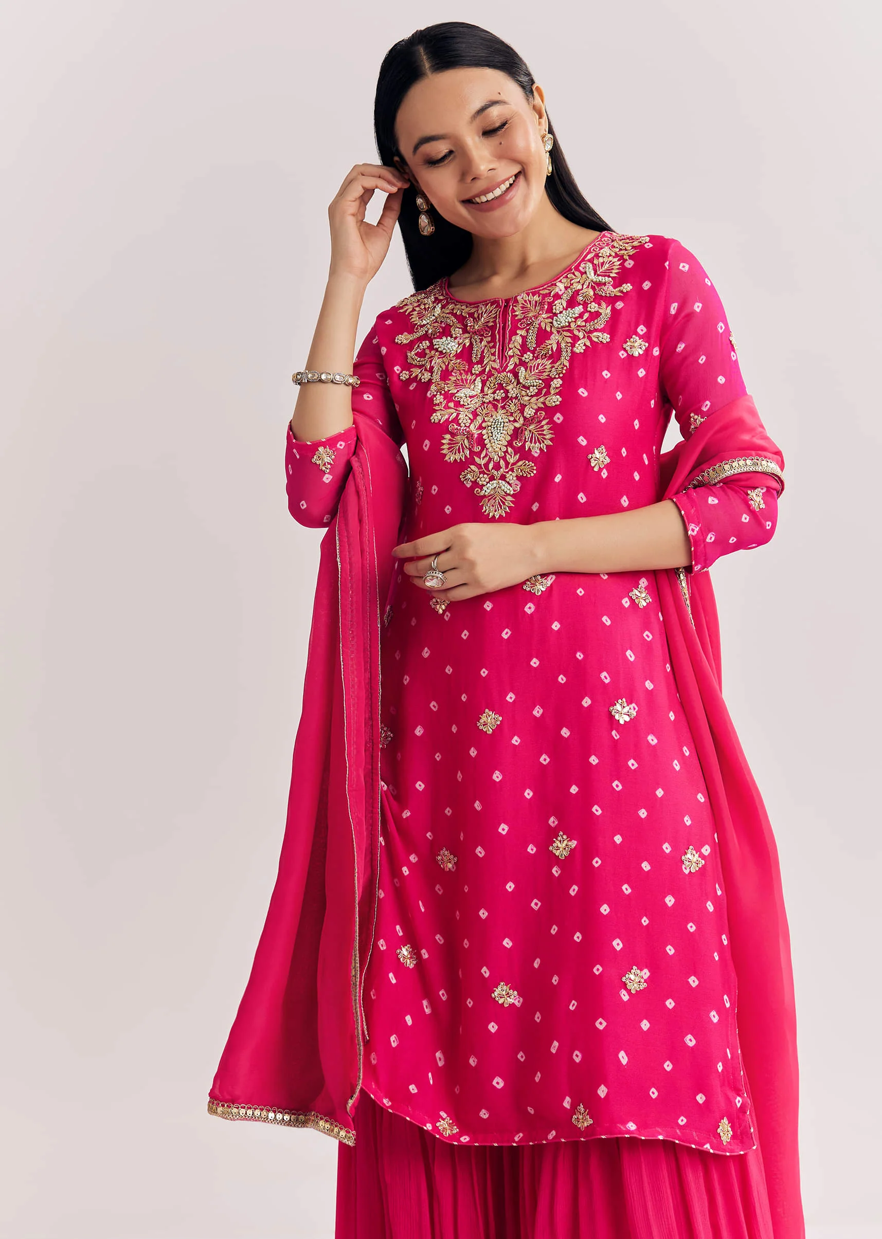 Pink Chinon Asymmetrical Kurta Palazzo Suit With Embroidery - Image 2