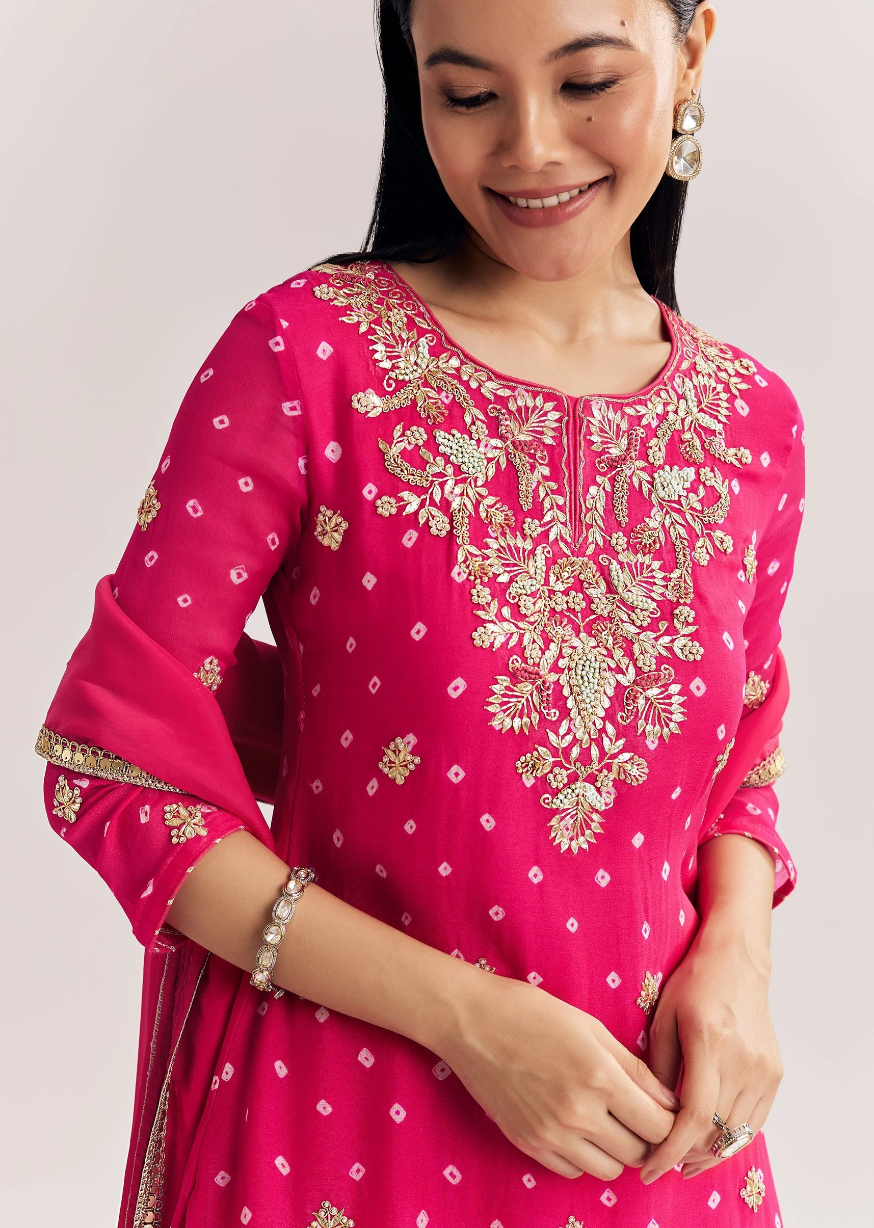 Pink Chinon Asymmetrical Kurta Palazzo Suit With Embroidery - Image 3