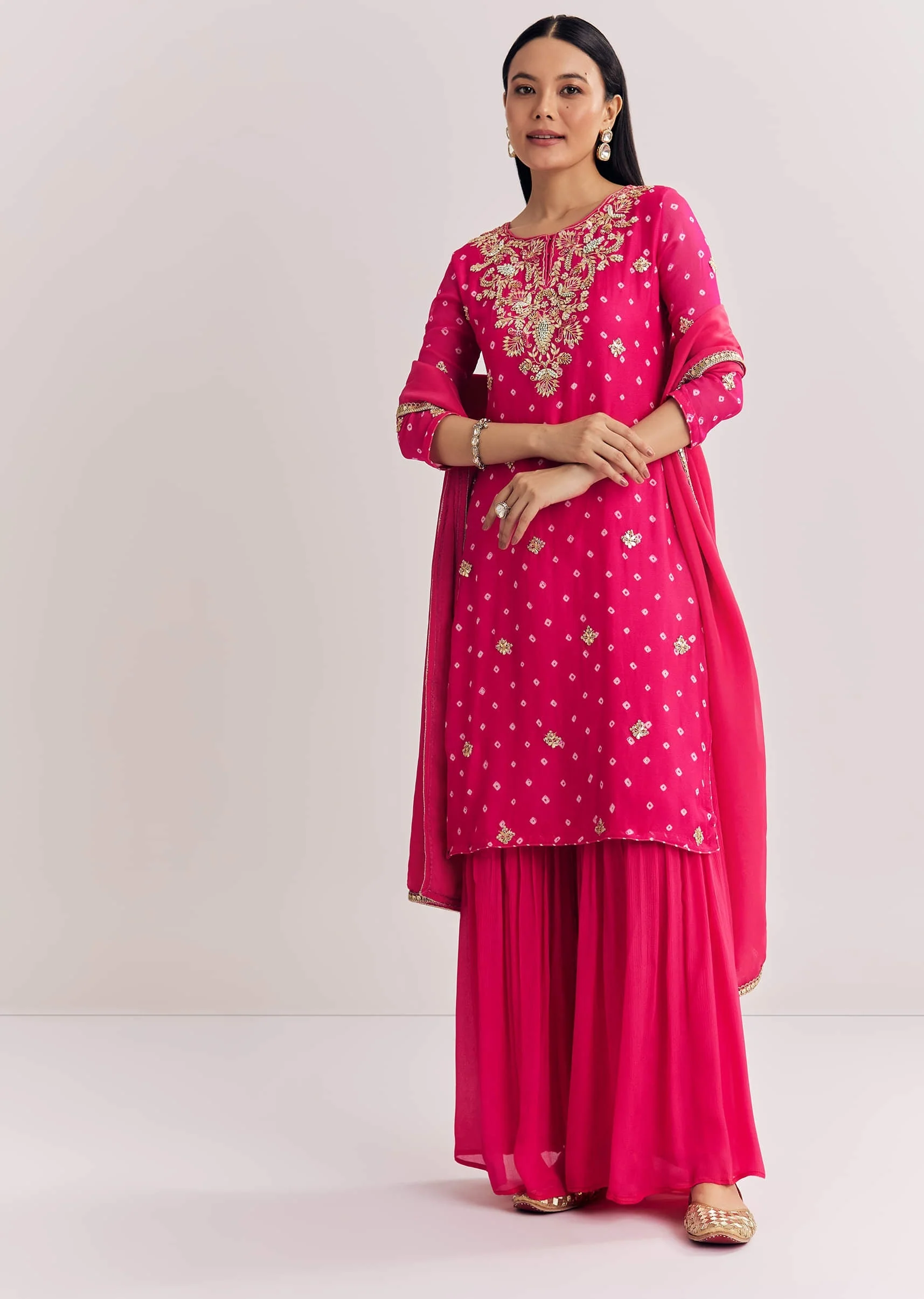 Pink Chinon Asymmetrical Kurta Palazzo Suit With Embroidery - Image 4