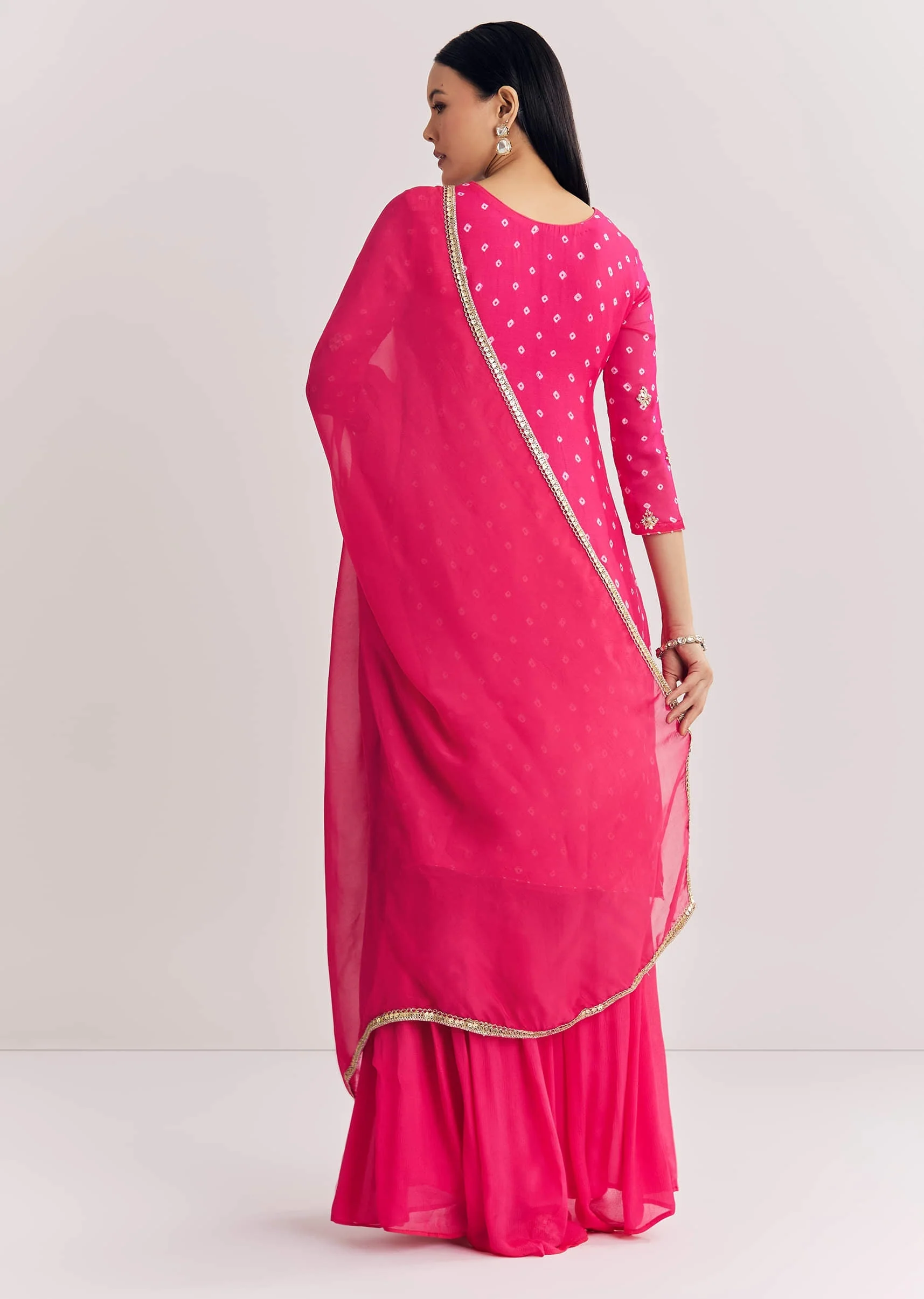 Pink Chinon Asymmetrical Kurta Palazzo Suit With Embroidery - Image 5