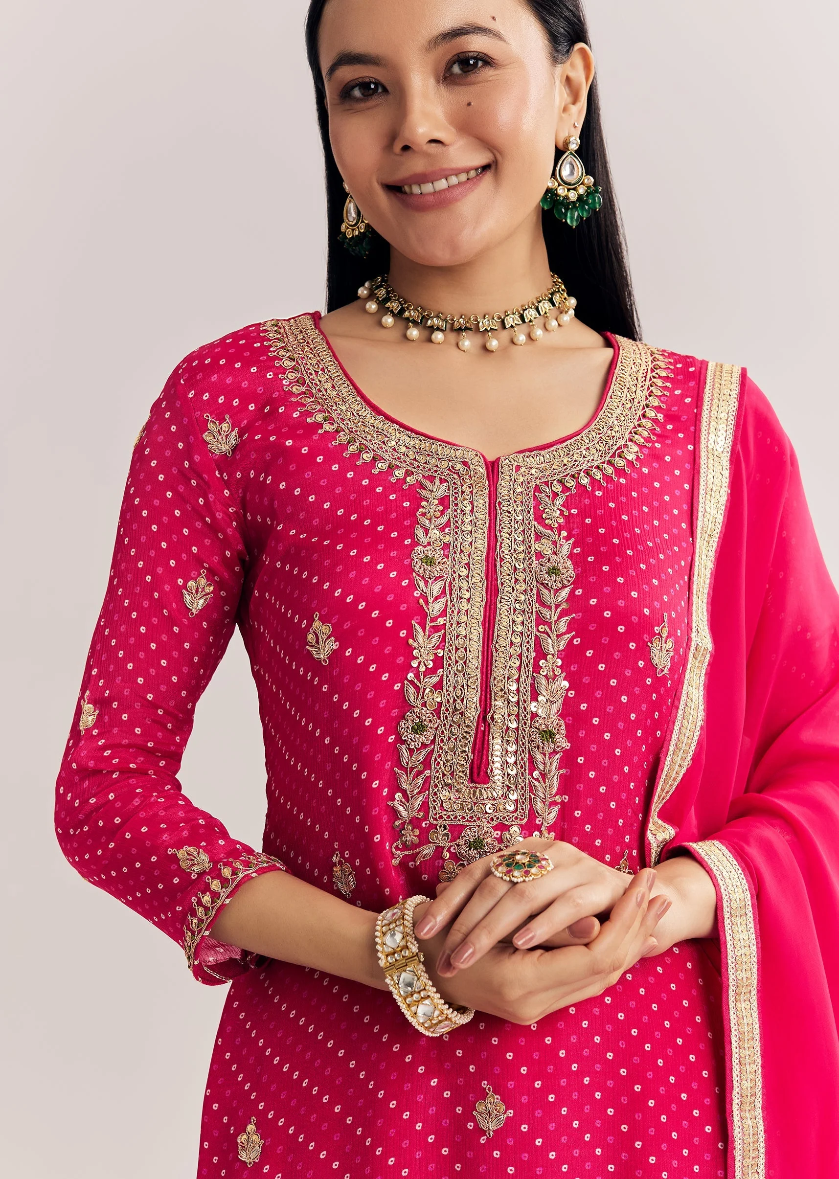 Pink Chinon Bandhani Palazzo Suit - Image 2