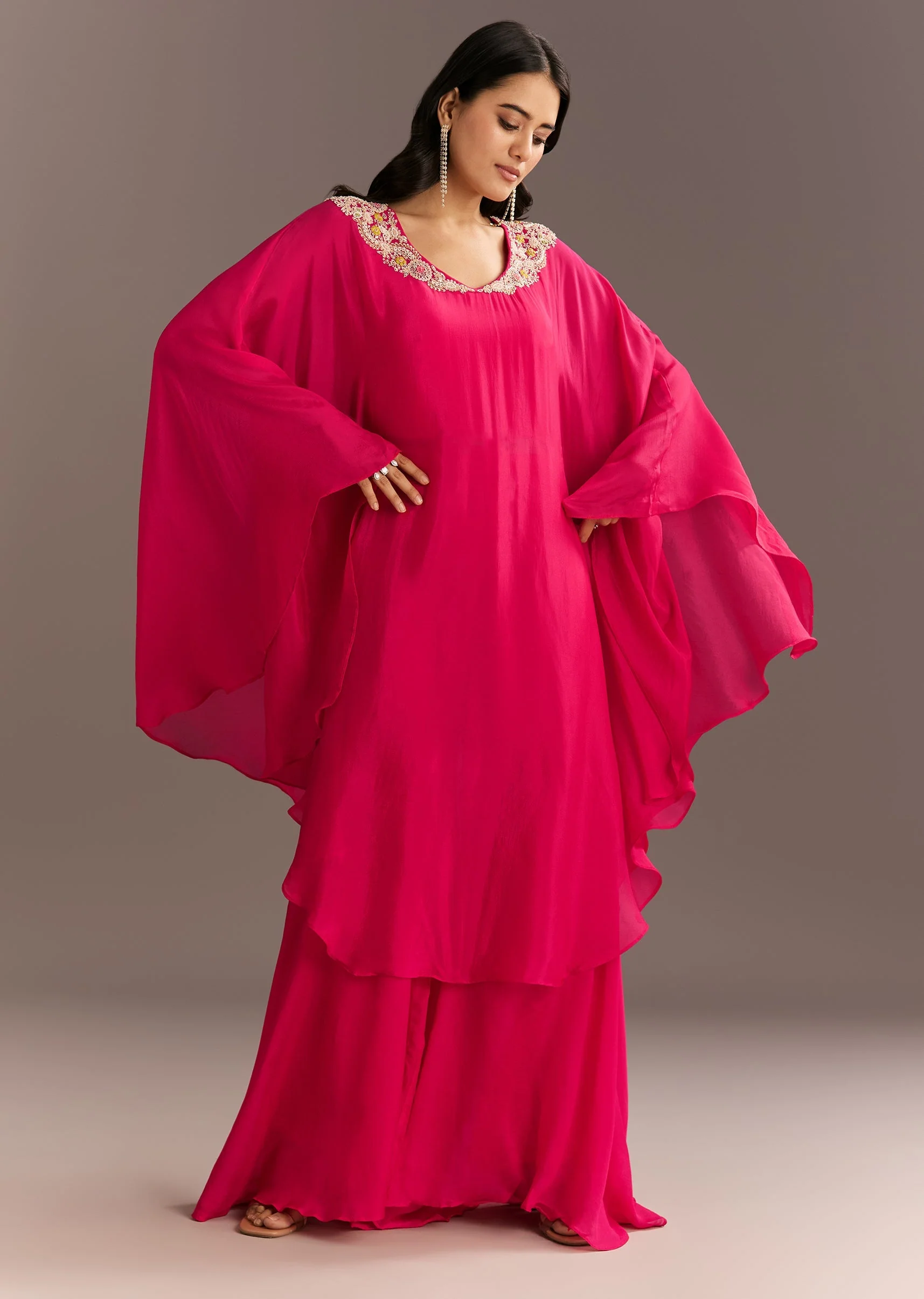 Pink Chinon Cape Style Kurta Palazzo With Zardosi Neckline - Image 4