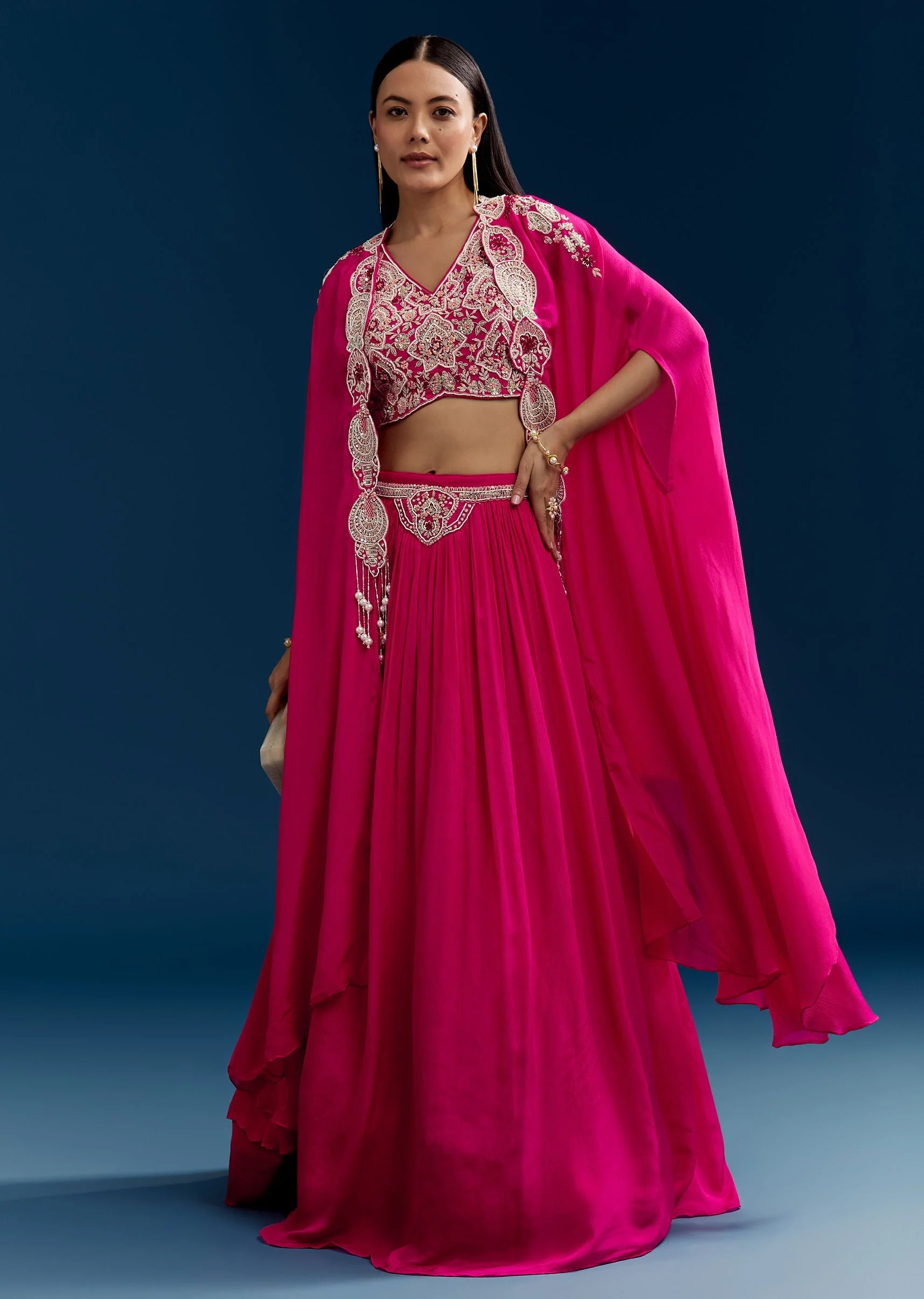 Pink Chinon Crop Top Cape Set With Embroidery - Image 3
