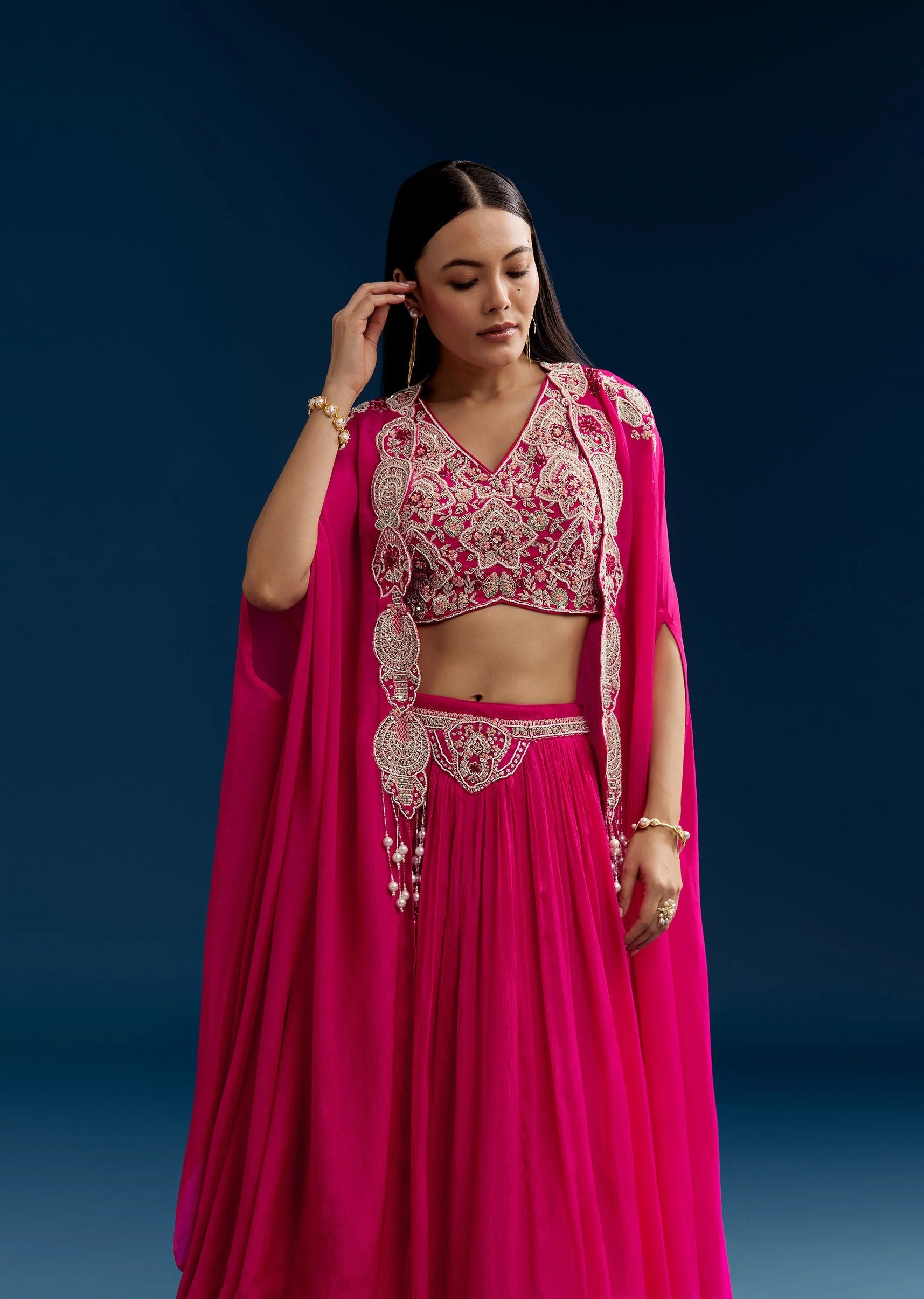 Pink Chinon Crop Top Cape Set With Embroidery - Image 4