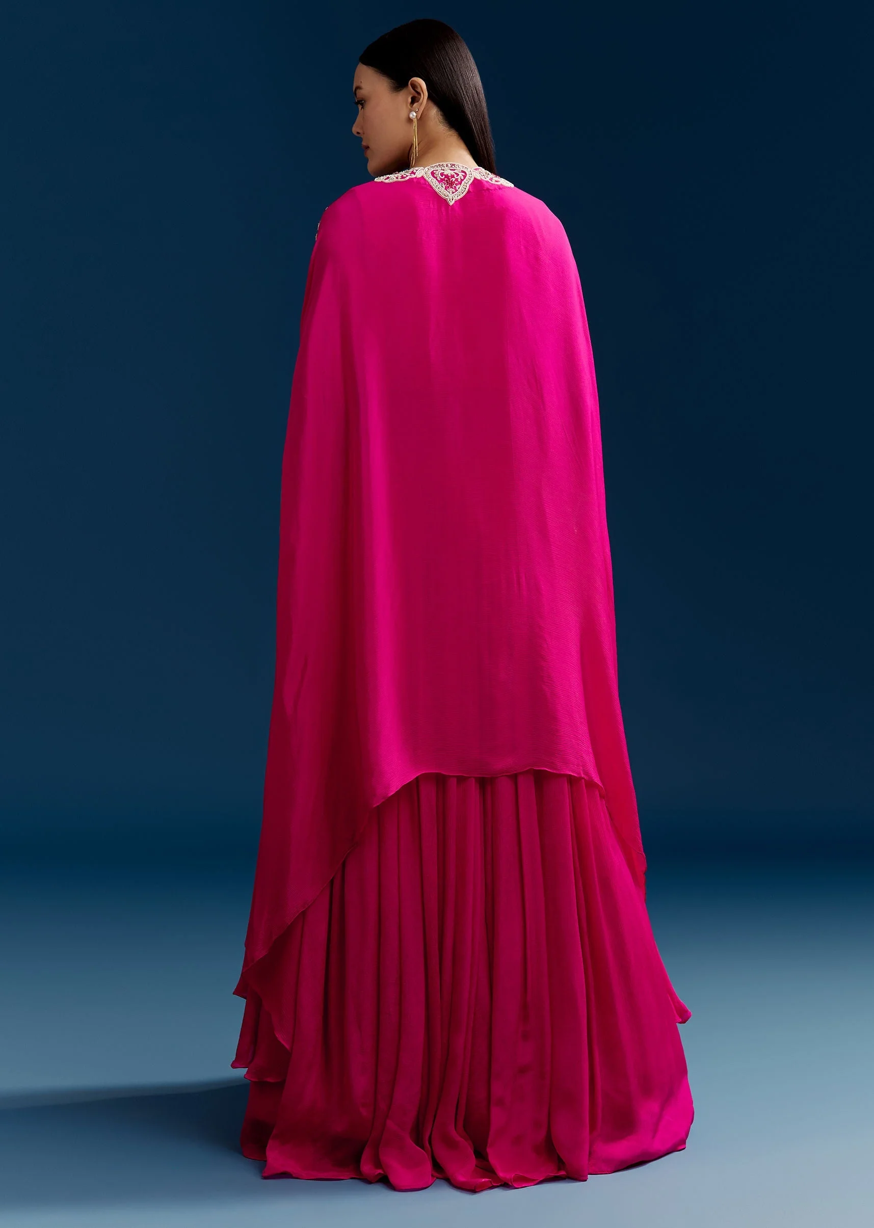 Pink Chinon Crop Top Cape Set With Embroidery - Image 5
