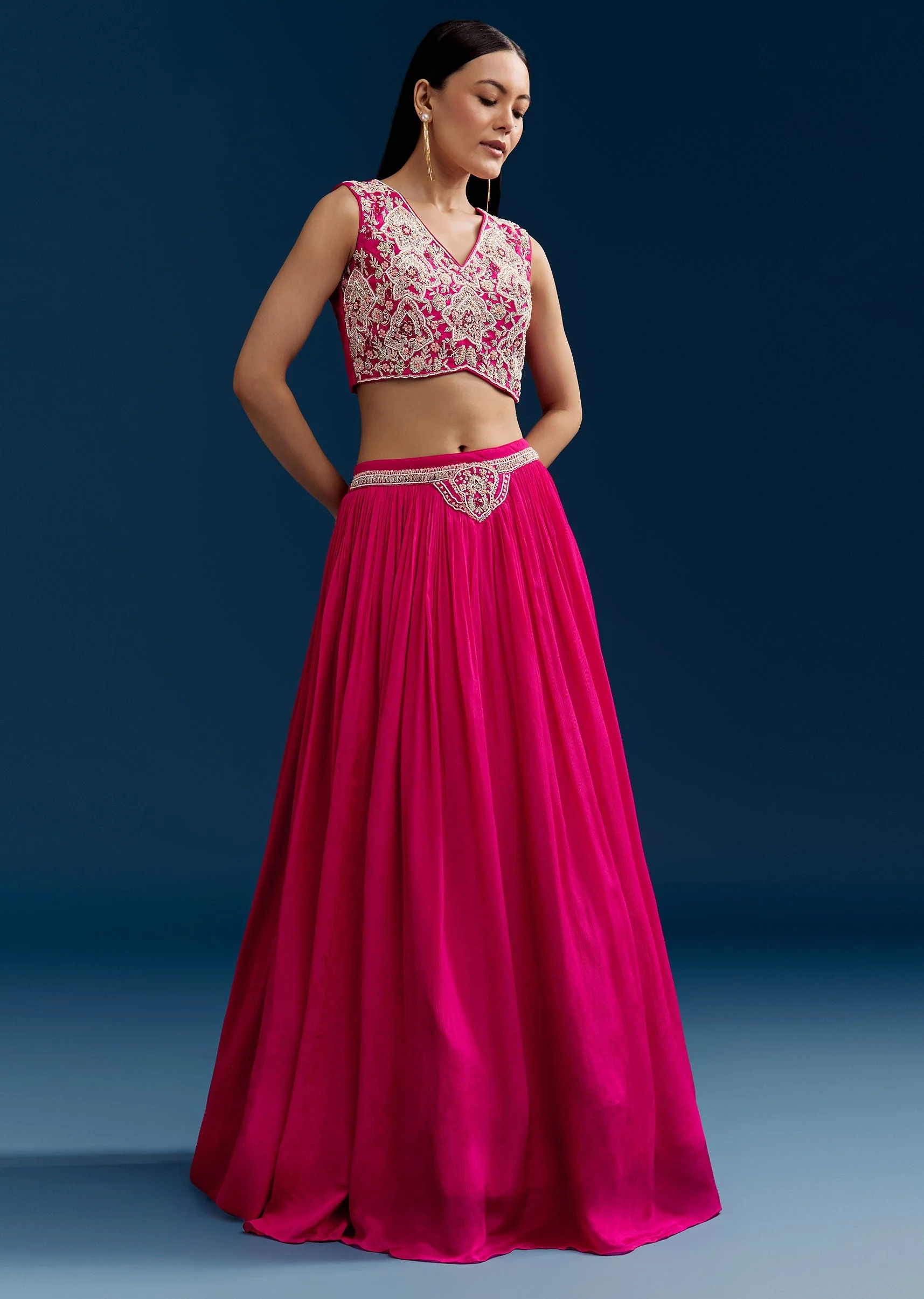 Pink Chinon Crop Top Cape Set With Embroidery - Image 6