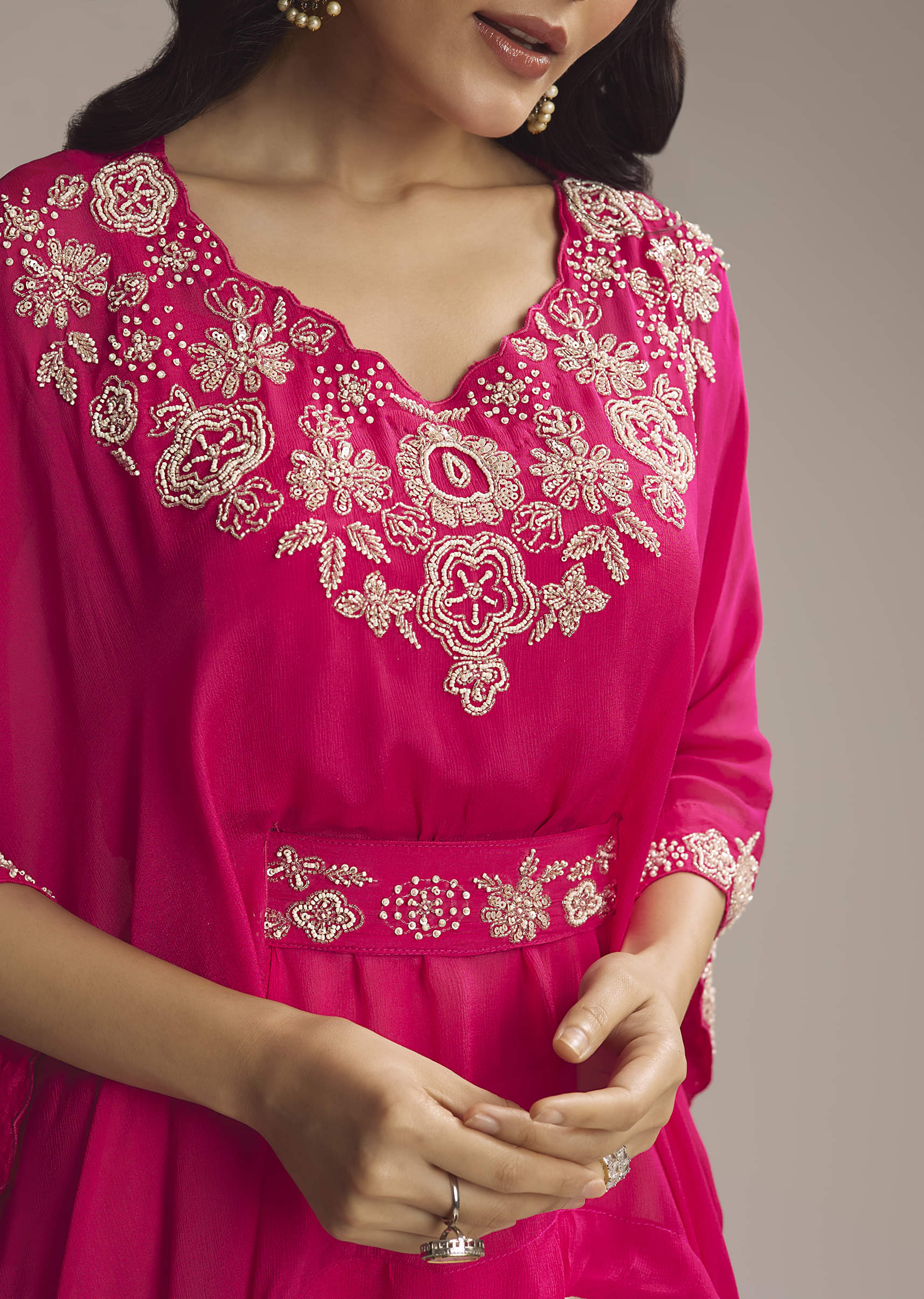 Pink Chinon Crop Top And Drape Skirt With Sequins And Moti Work - Image 2