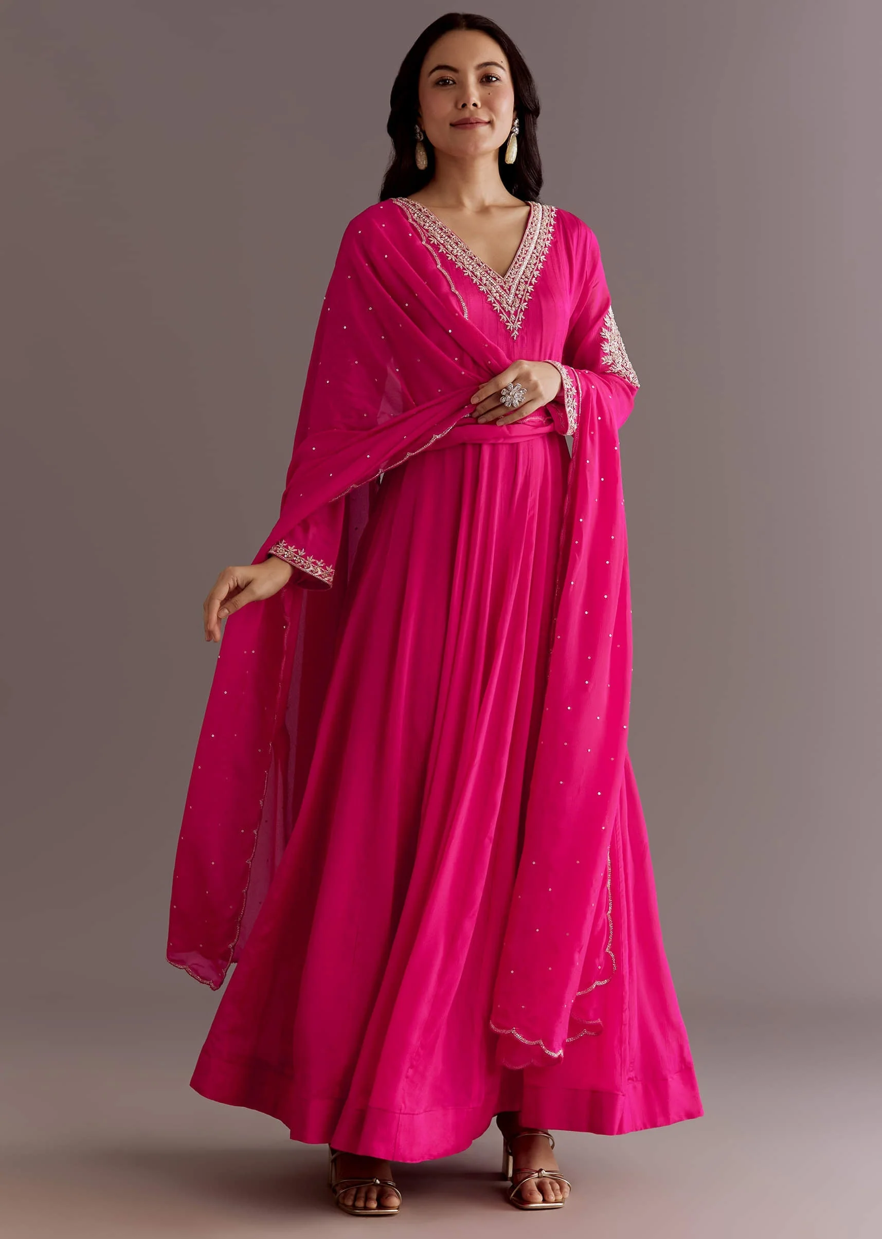 Pink Chinon Cutdana Embroidered Anarkali Dupatta Suit - Image 4