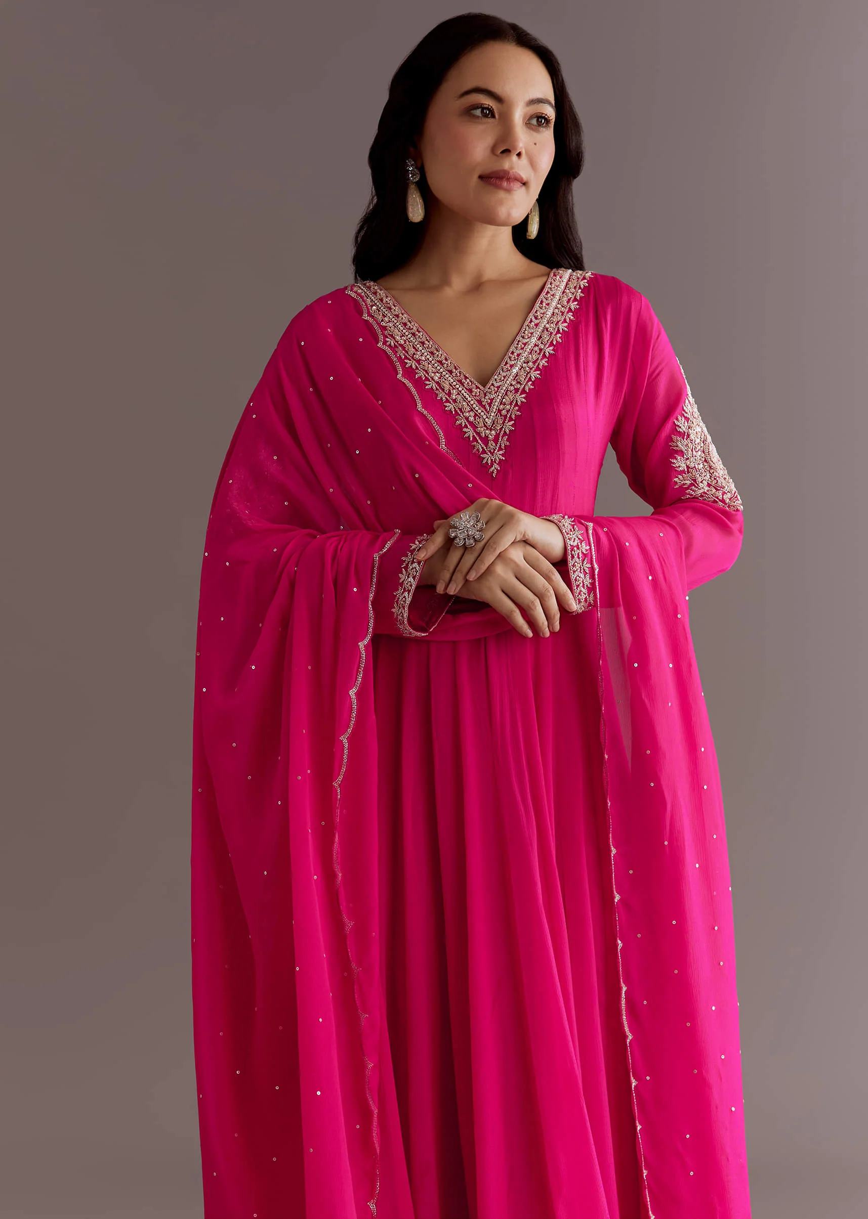 Pink Chinon Cutdana Embroidered Anarkali Dupatta Suit - Image 6