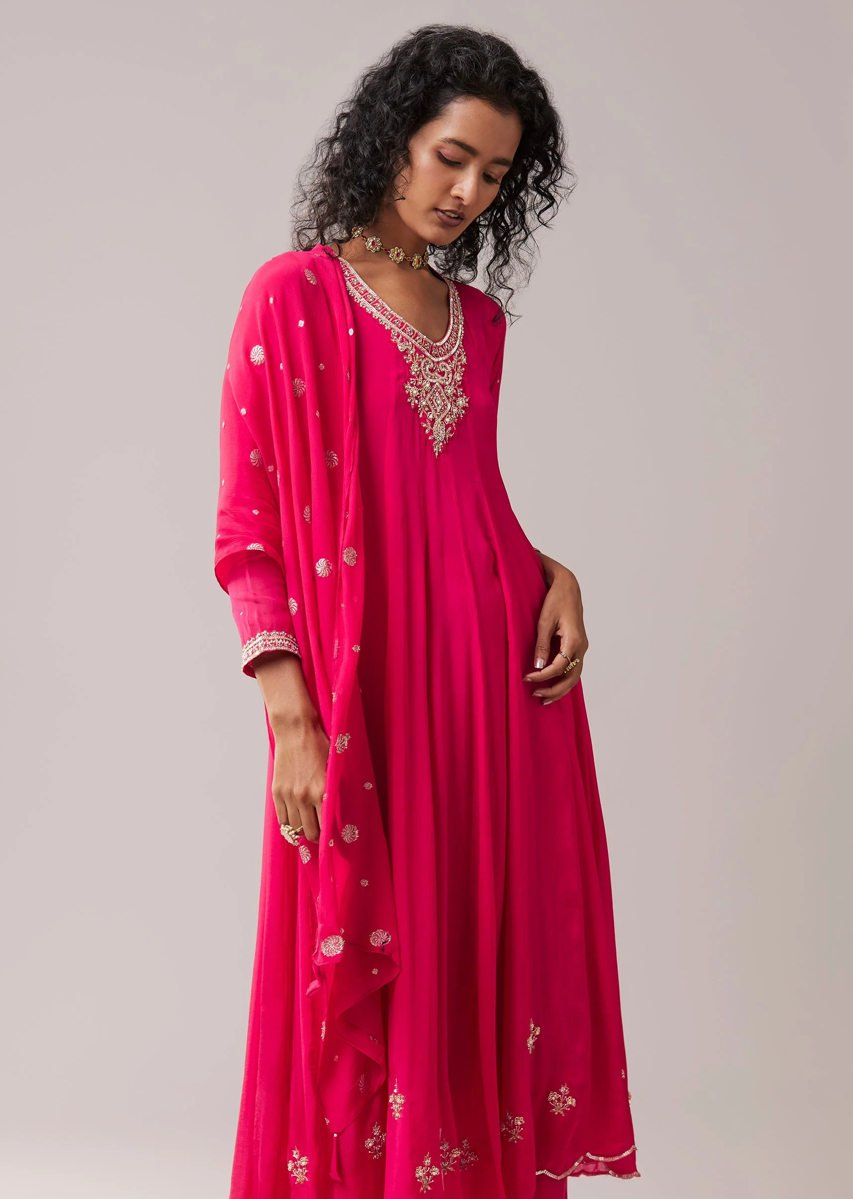 Pink Chinon Embroidered Anarkali Set - Image 4