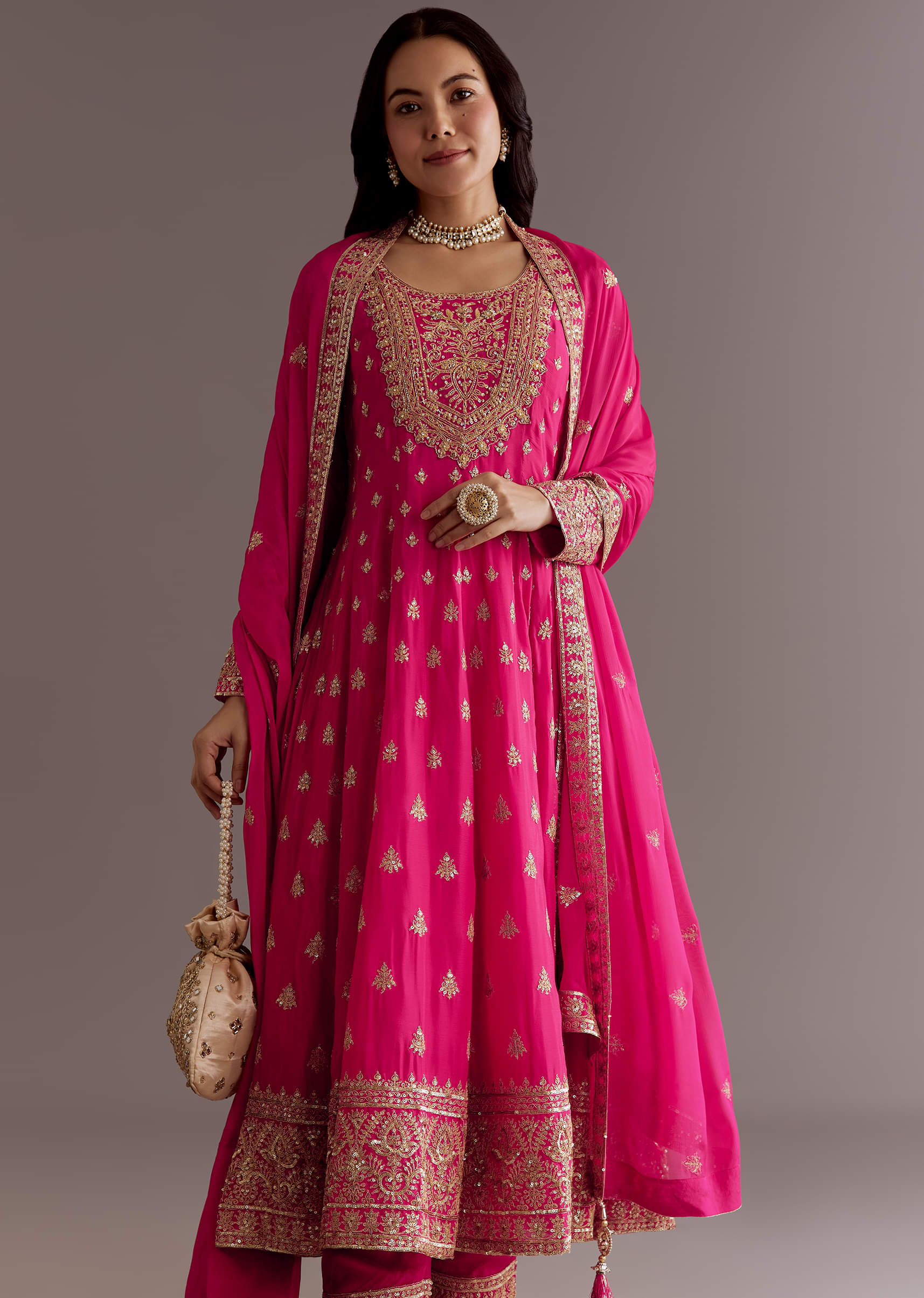 Pink Chinon Hand Embroidered Anarkali Suit With Dupatta - Image 2