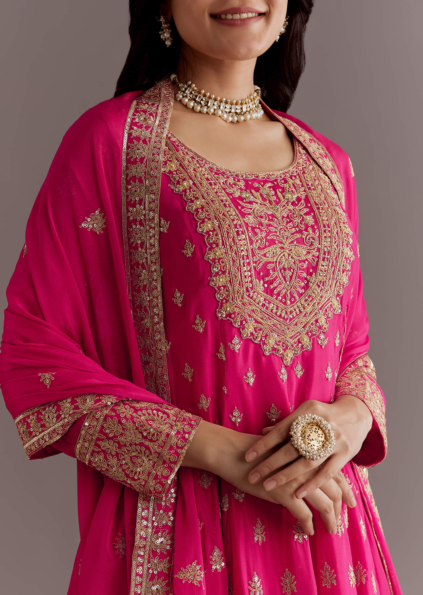 Pink Chinon Hand Embroidered Anarkali Suit With Dupatta - Image 3