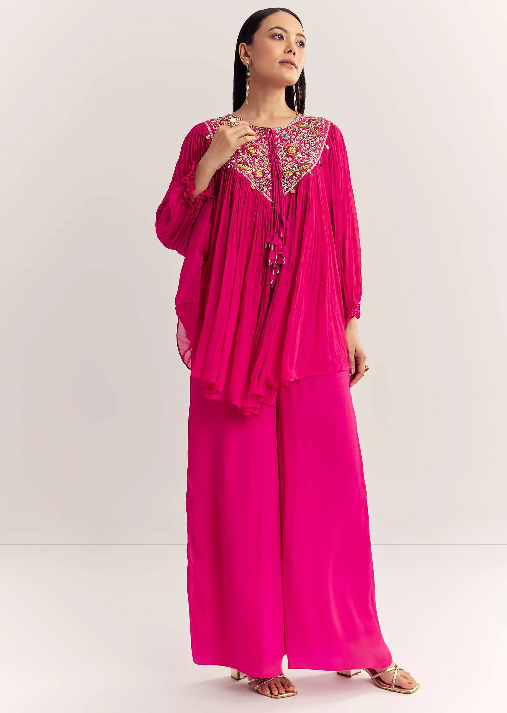 Pink Chinon Kaftan Kurta Set With Zardosi And Thread Work - Image 3