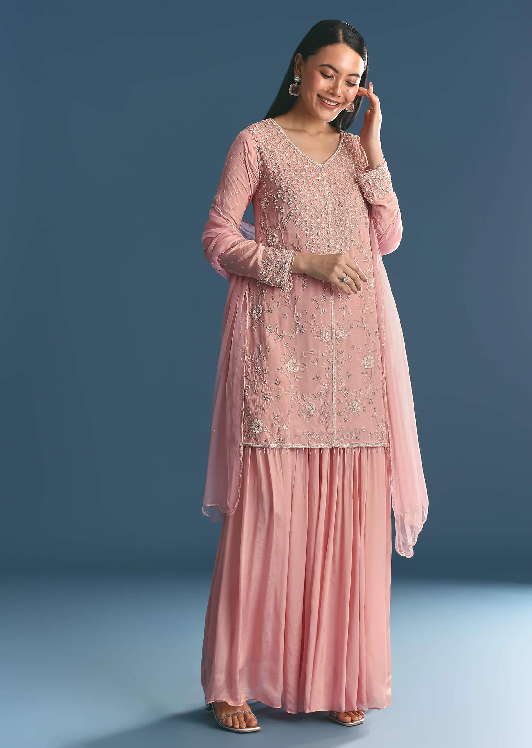 Pink Chinon Kurta Palazzo Suit With Moti And Cut Dana Work