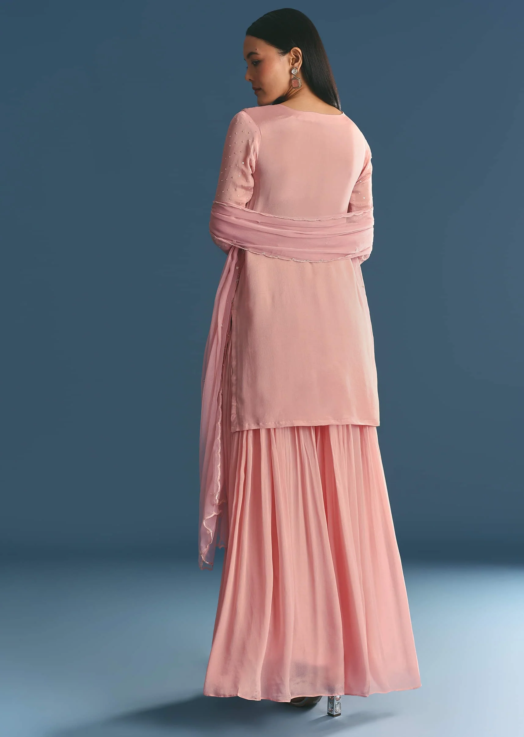 Pink Chinon Kurta Palazzo Suit With Moti And Cut Dana Work - Image 5