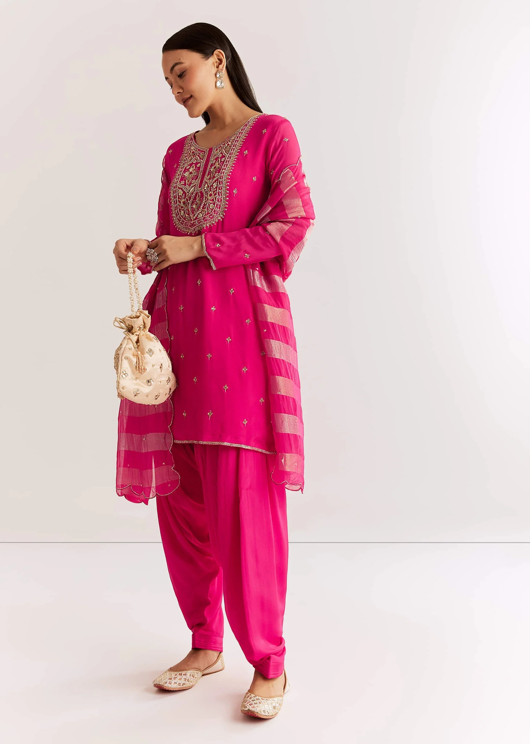 Pink Chinon Kurta Set With Zardosi And Cutdana Dupatta - Image 2
