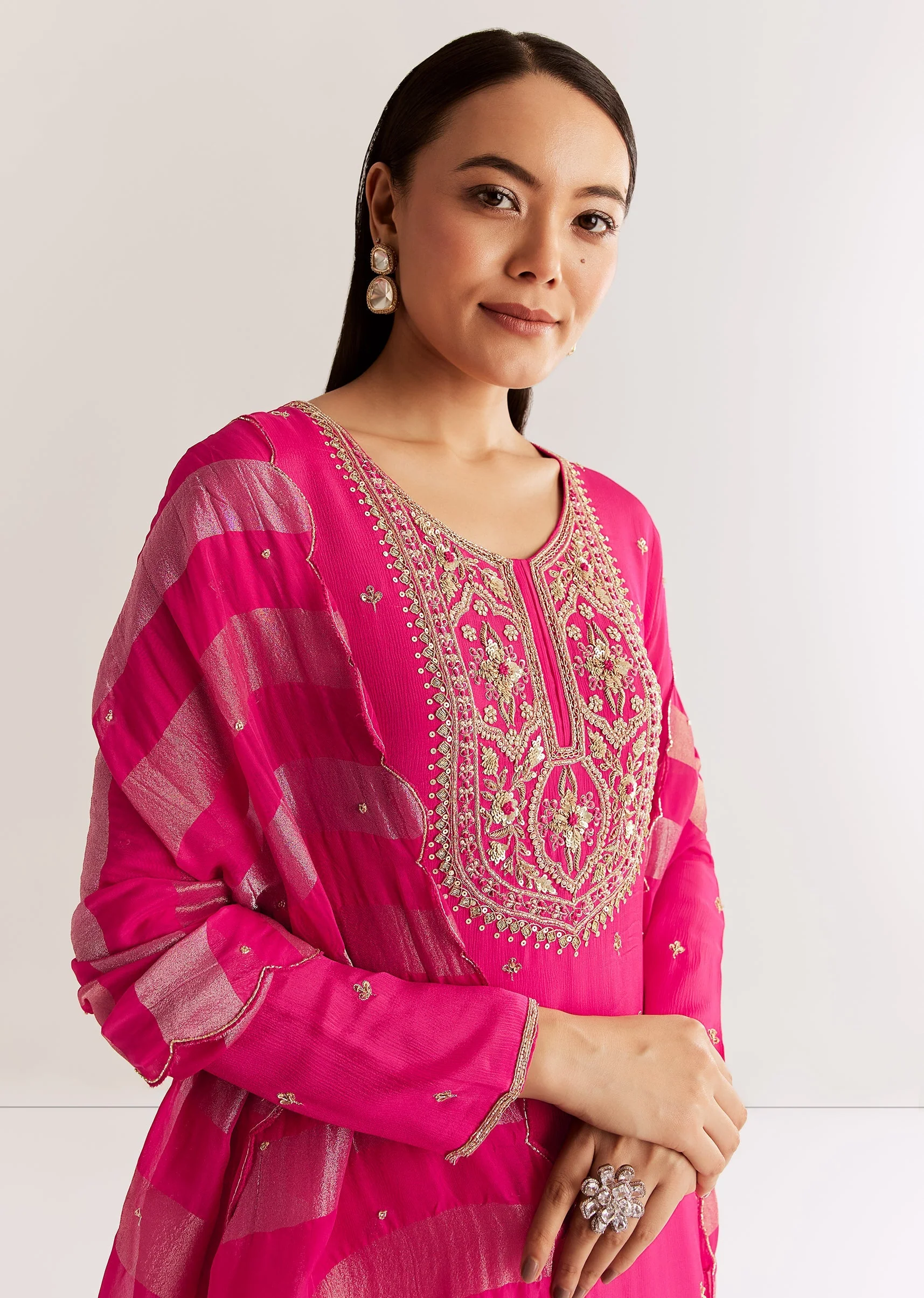 Pink Chinon Kurta Set With Zardosi And Cutdana Dupatta - Image 3