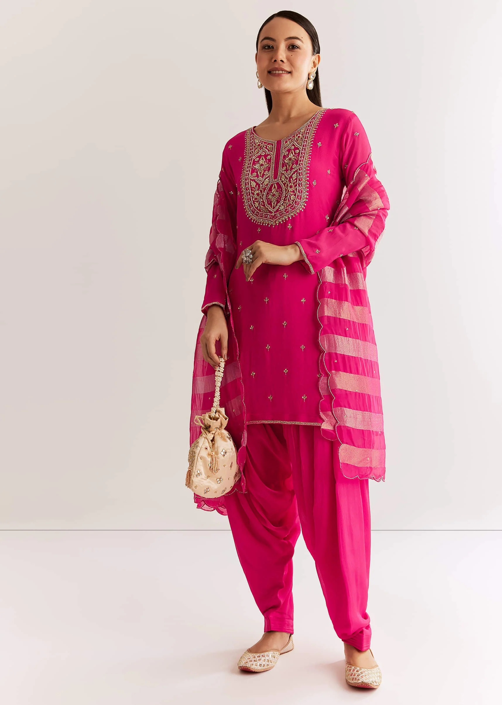 Pink Chinon Kurta Set With Zardosi And Cutdana Dupatta - Image 4