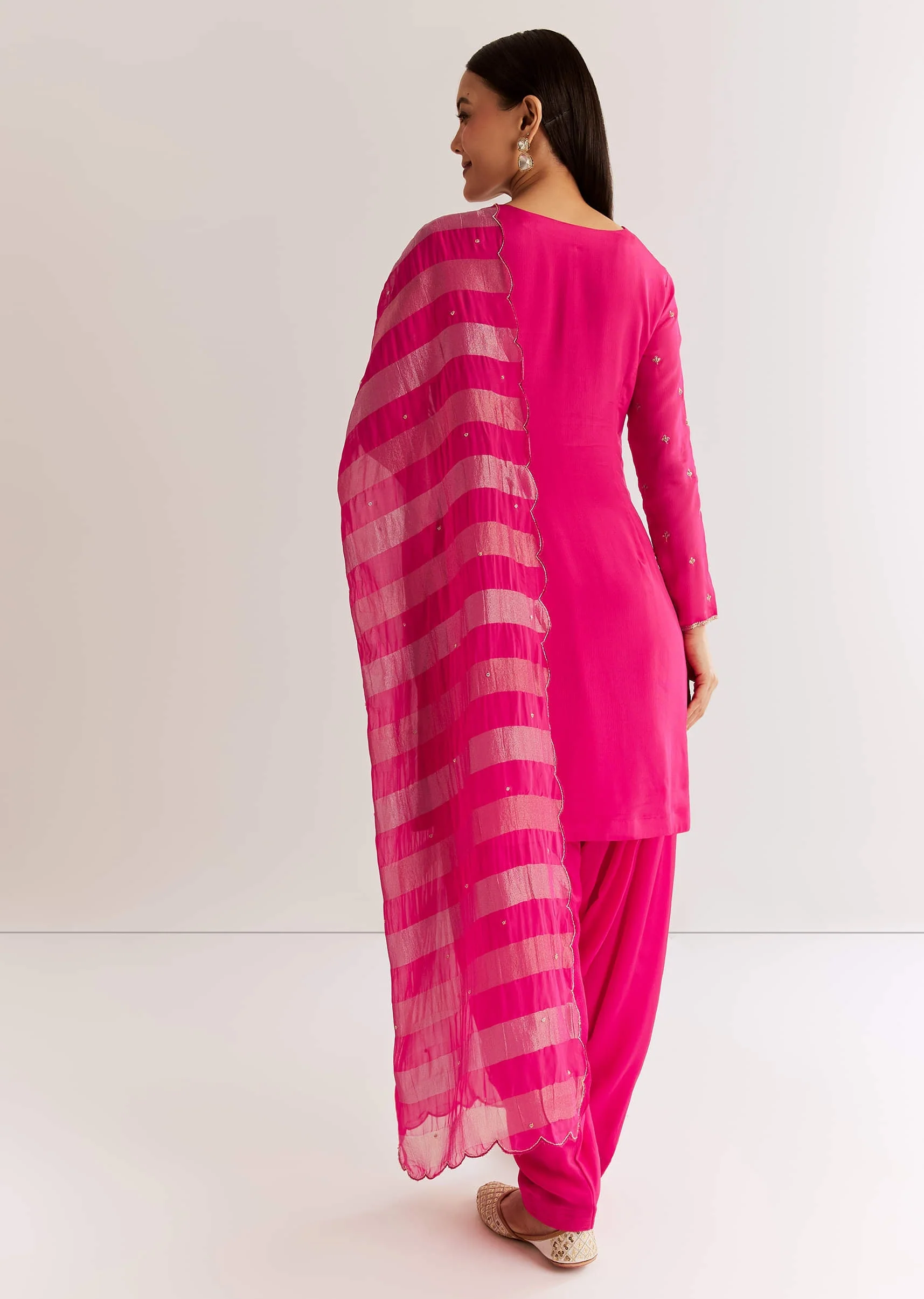 Pink Chinon Kurta Set With Zardosi And Cutdana Dupatta - Image 5
