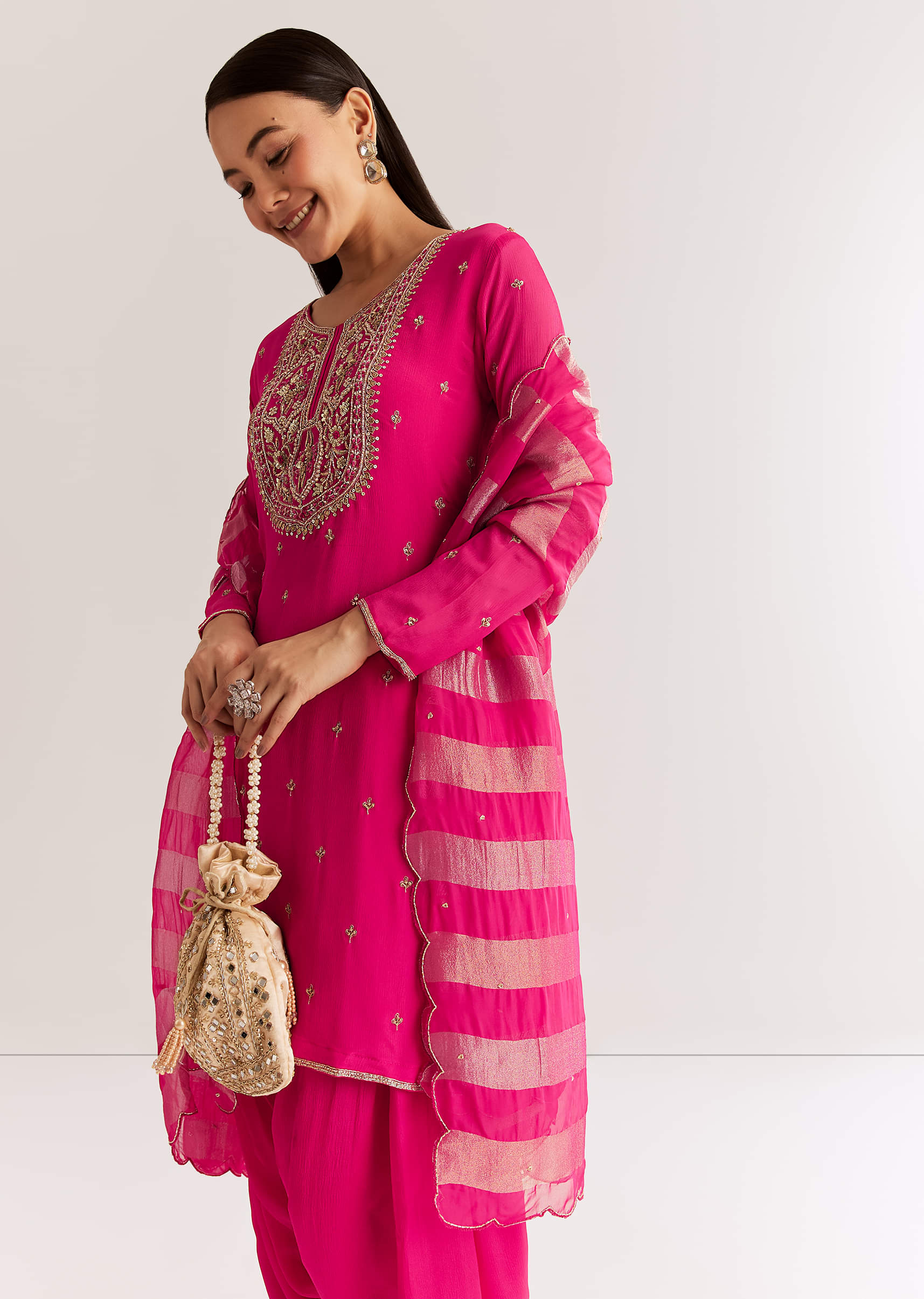 Pink Chinon Kurta Set With Zardosi And Cutdana Dupatta - Image 7