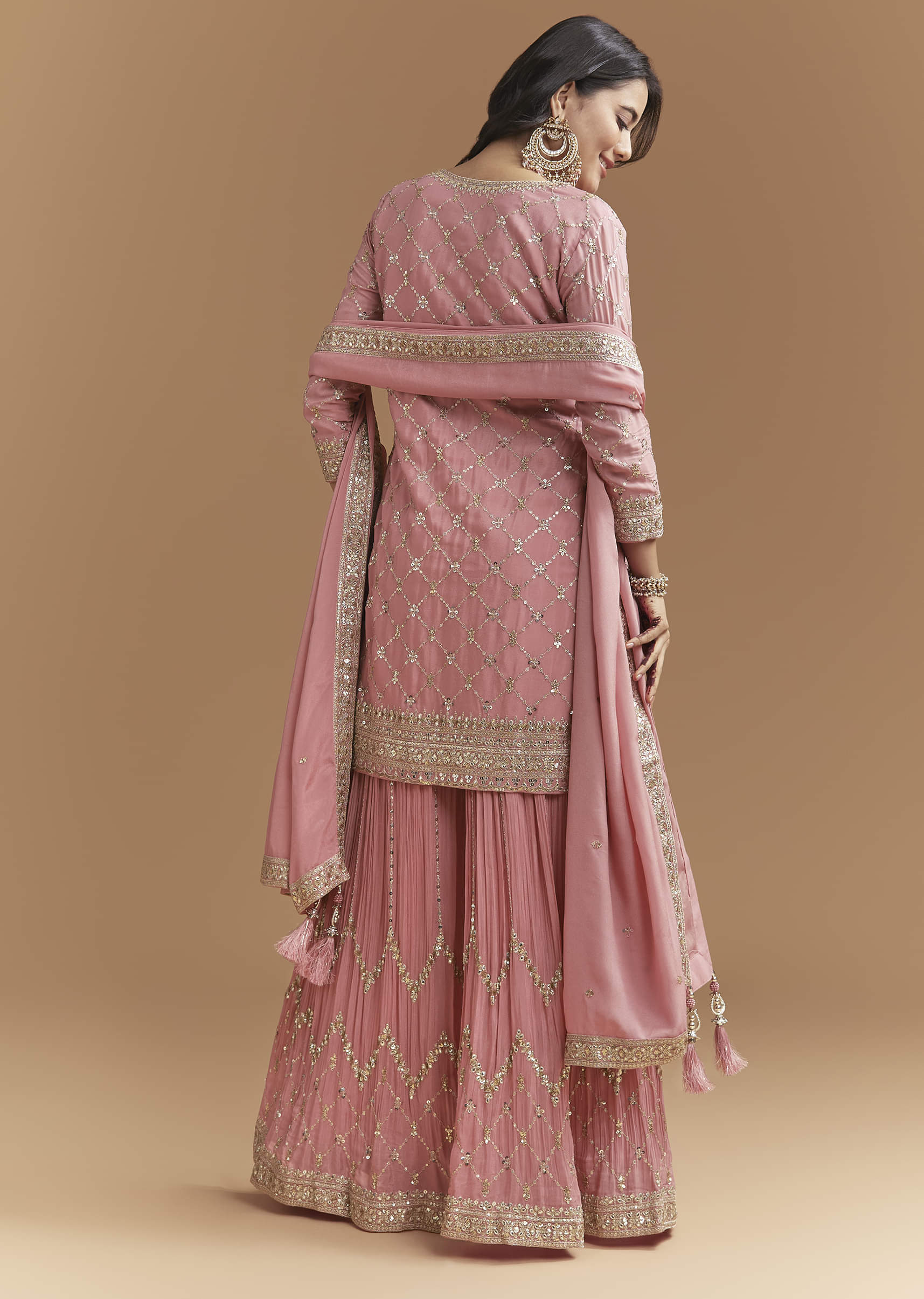 Pink Chinon Palazzo Suit With Intricate Hand Work - Image 3