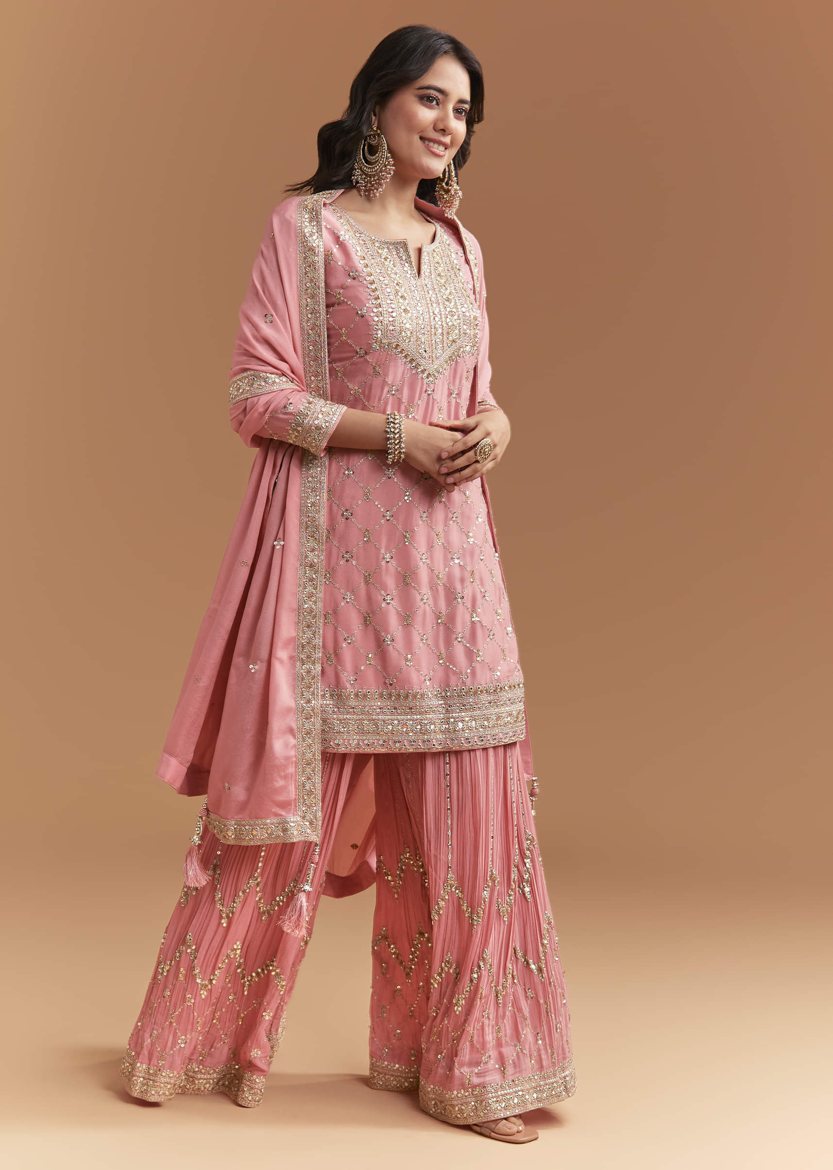 Pink Chinon Palazzo Suit With Intricate Hand Work - Image 4