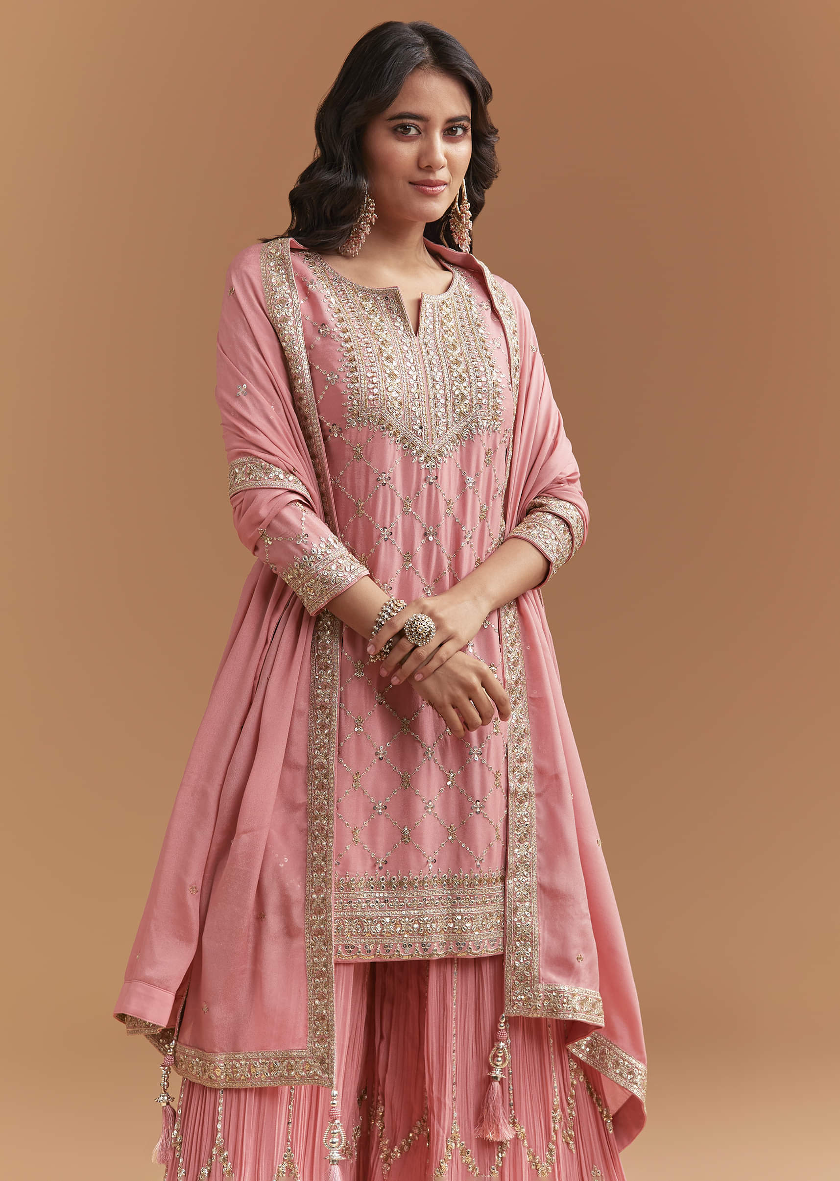 Pink Chinon Palazzo Suit With Intricate Hand Work - Image 5