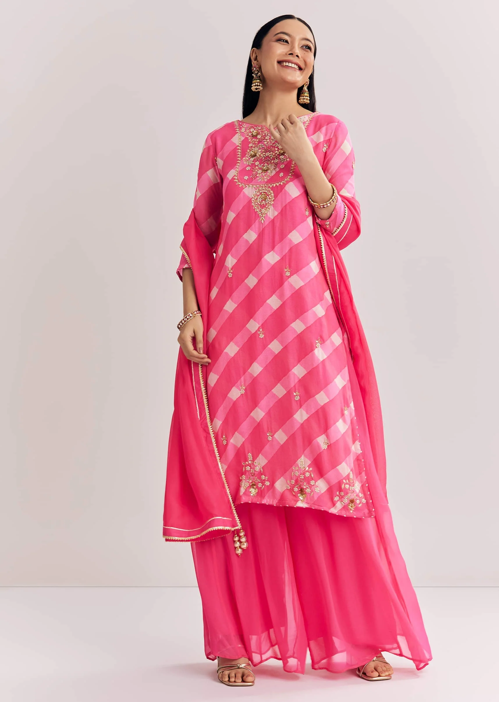 Pink Chinon Palazzo Suit With Zardosi And Thread Work - Image 4