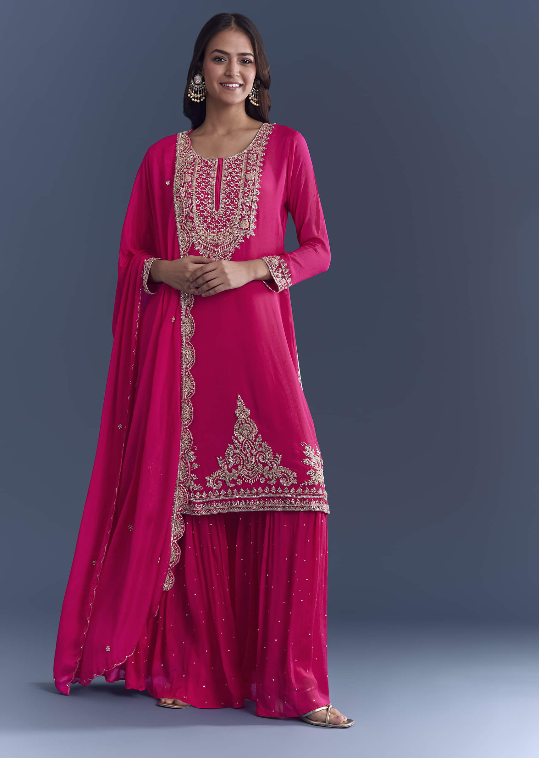 Pink Chinon Sharara Suit With Cutdana And Sequins Embroidery - Image 3