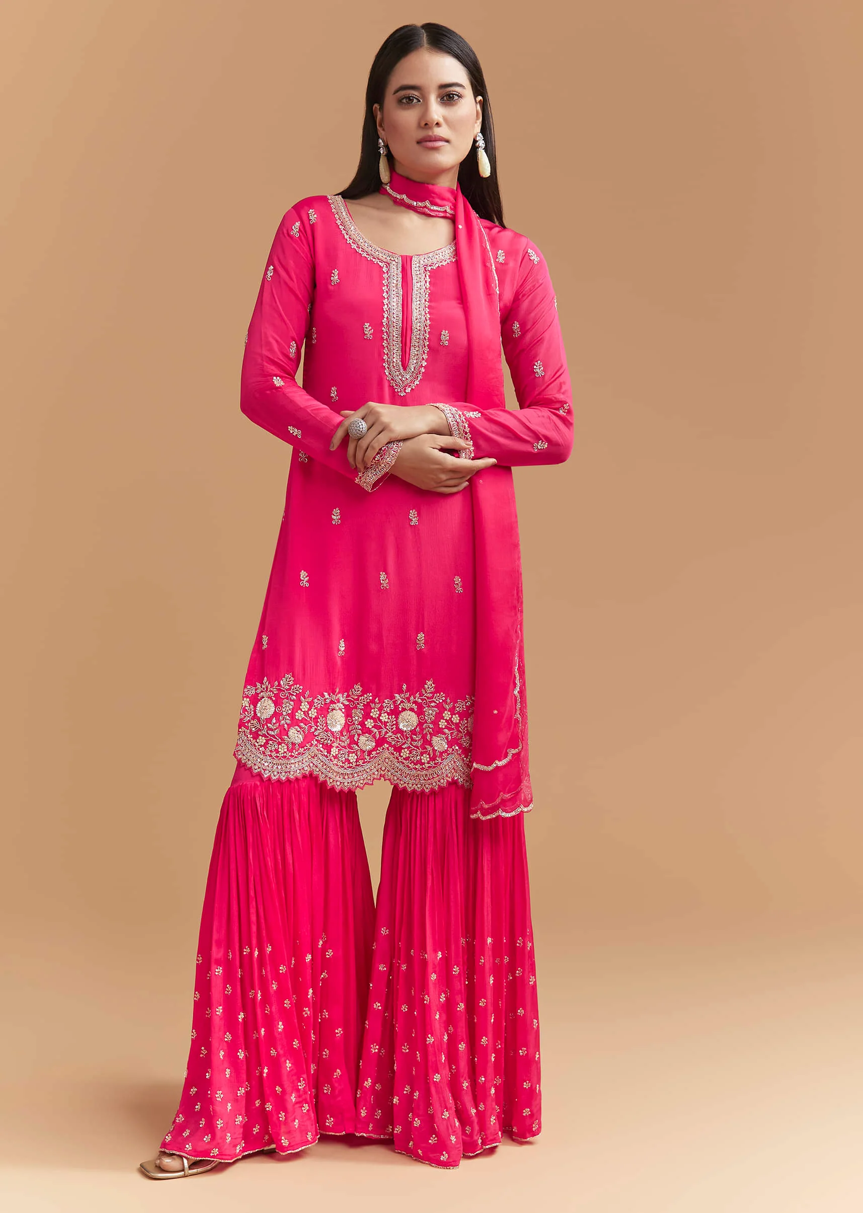 Pink Chinon Sharara Suit With Heavy Hand Embroidery