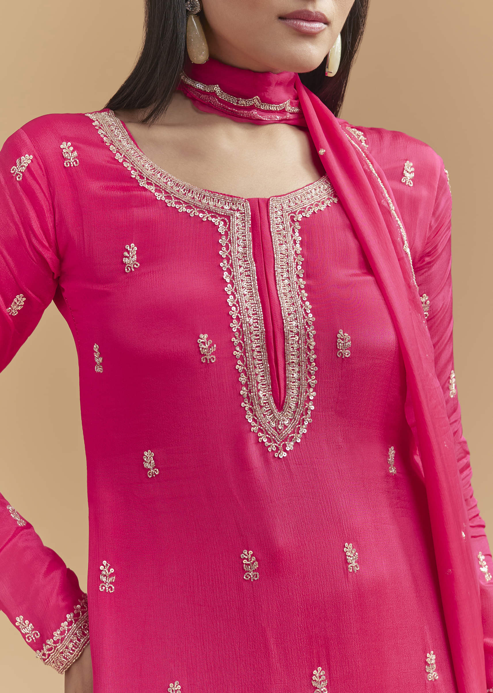 Pink Chinon Sharara Suit With Heavy Hand Embroidery - Image 2