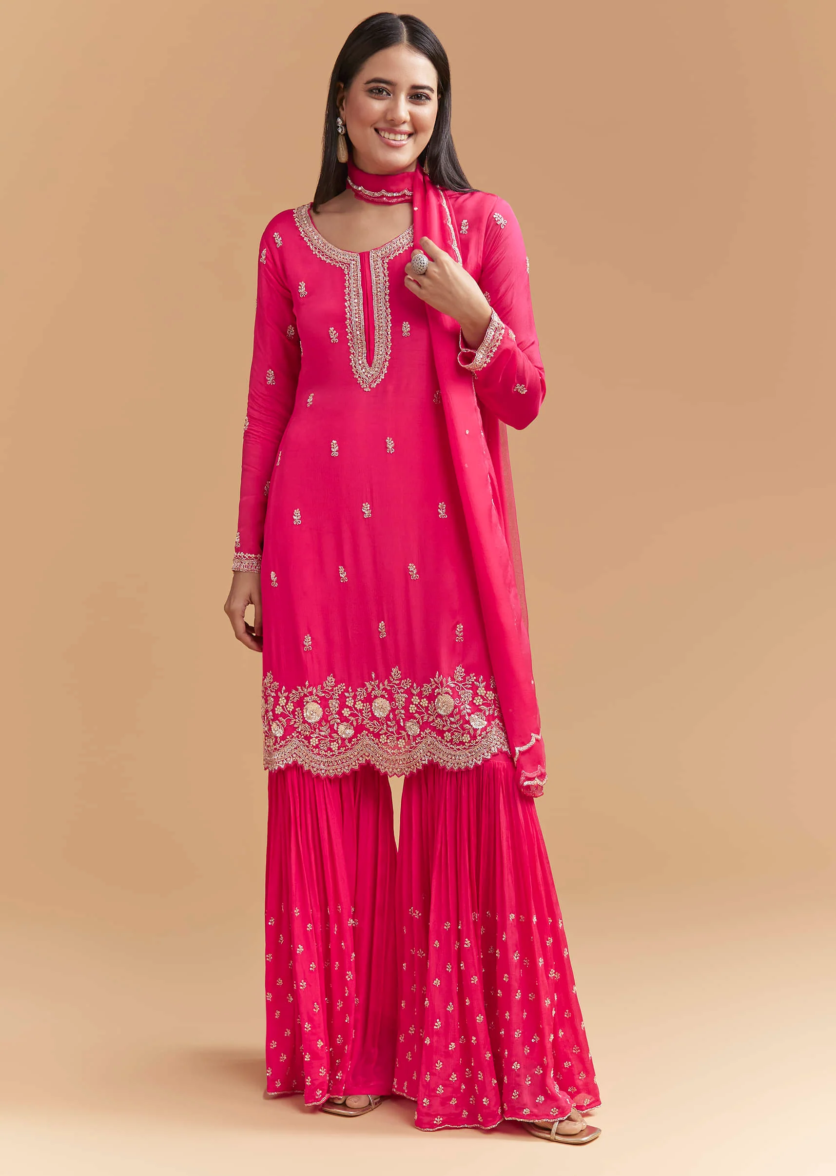 Pink Chinon Sharara Suit With Heavy Hand Embroidery - Image 3