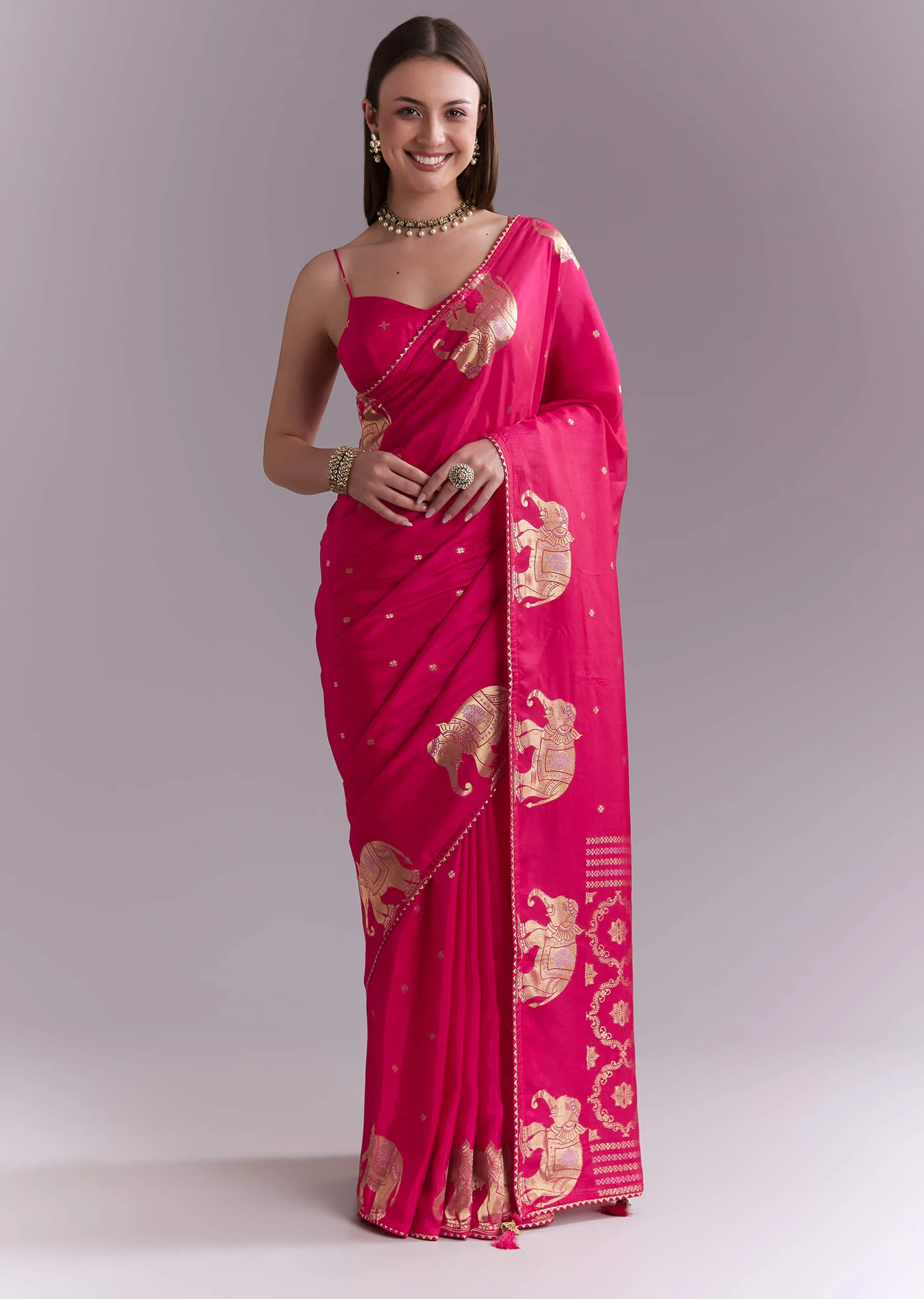 Pink Chinon Woven Saree With Elephant Motifs And Zari Work - Image 3