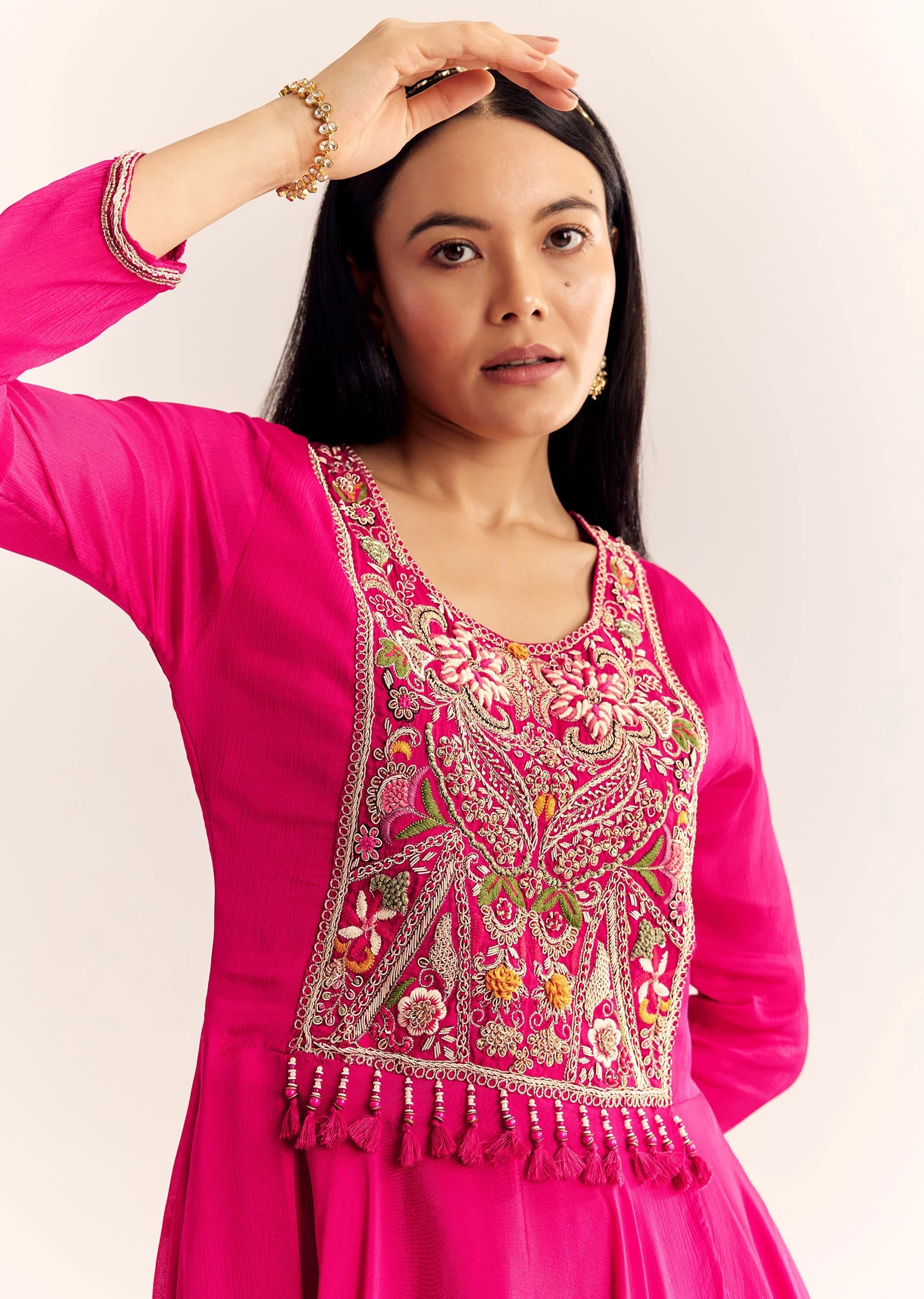 Pink Chinon Zardosi Work Kurta Palazzo Suit - Image 3