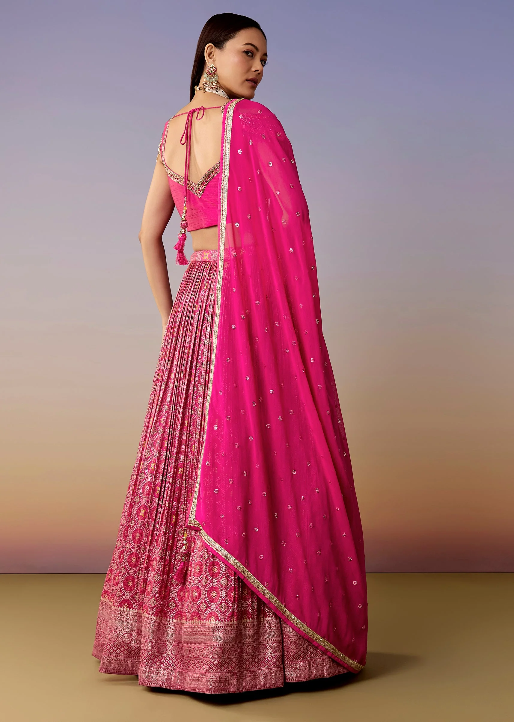 Pink Cold Shoulder Printed Bridesmaid Lehenga Set - Image 2