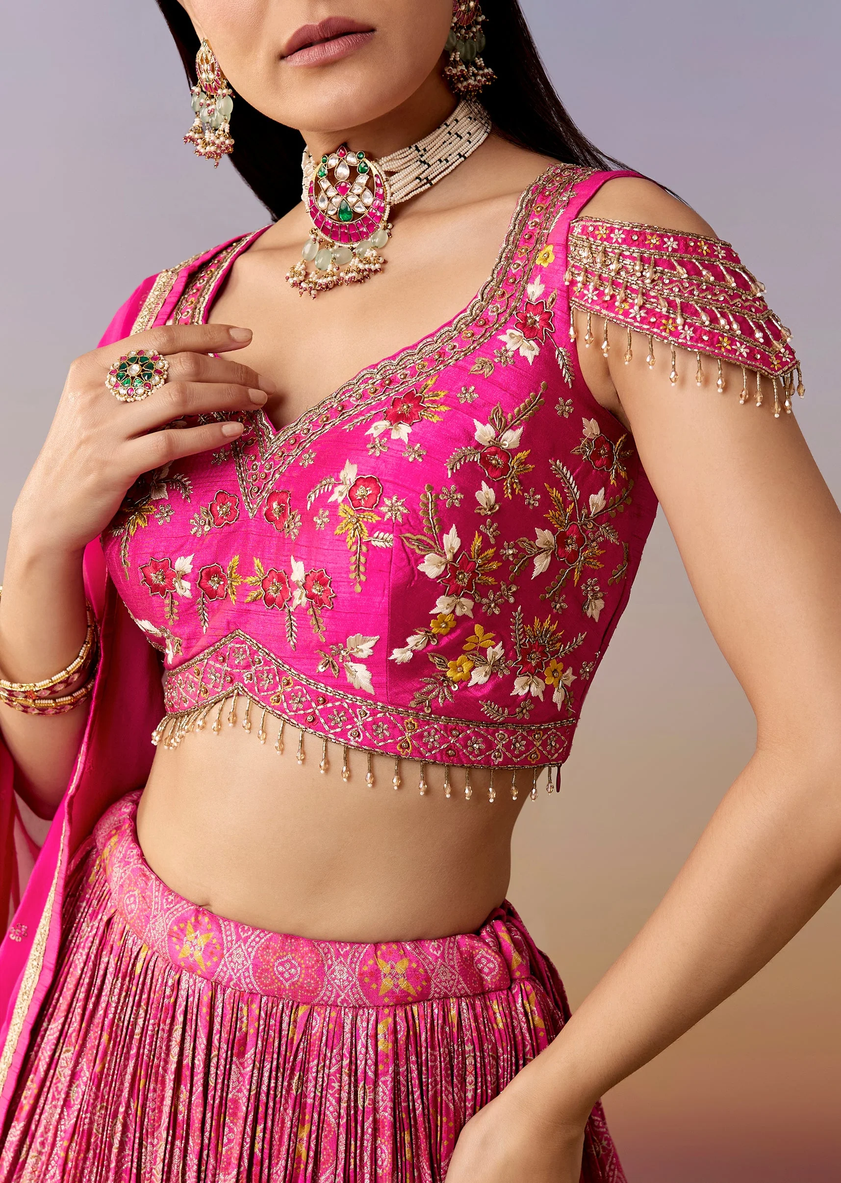 Pink Cold Shoulder Printed Bridesmaid Lehenga Set - Image 3