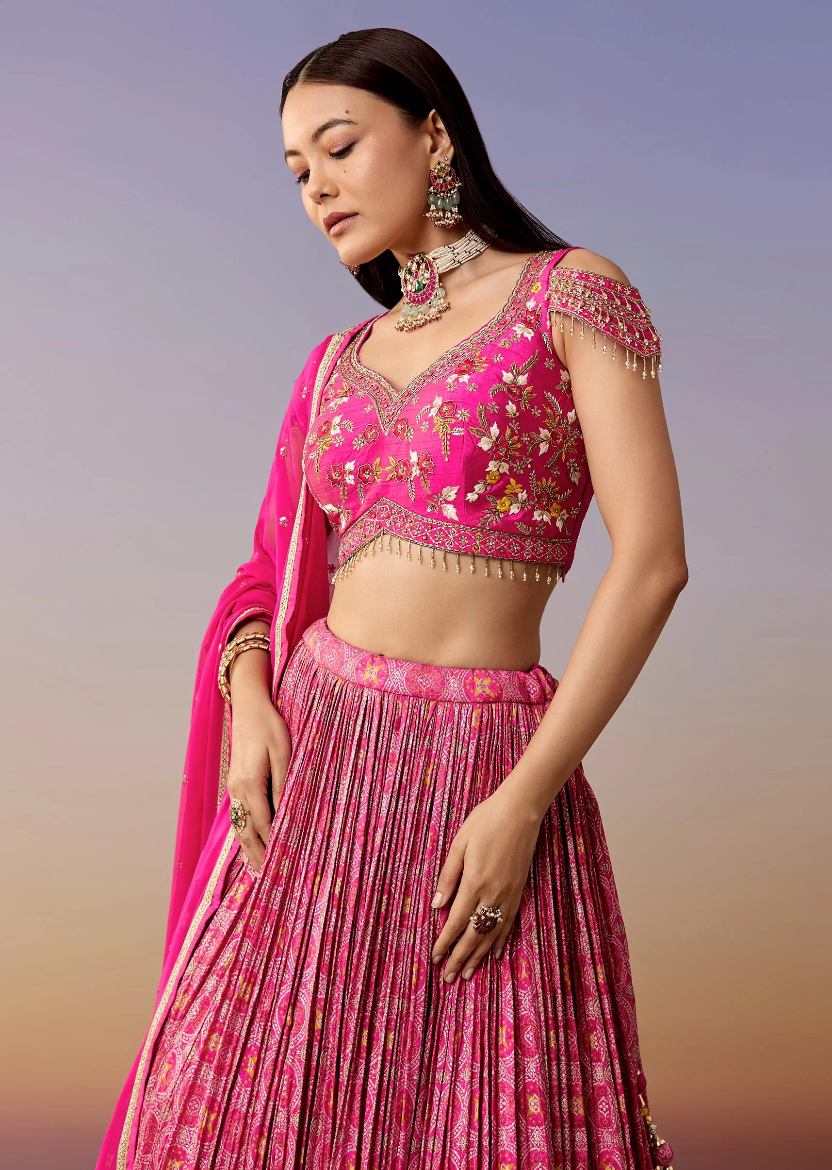 Pink Cold Shoulder Printed Bridesmaid Lehenga Set - Image 5