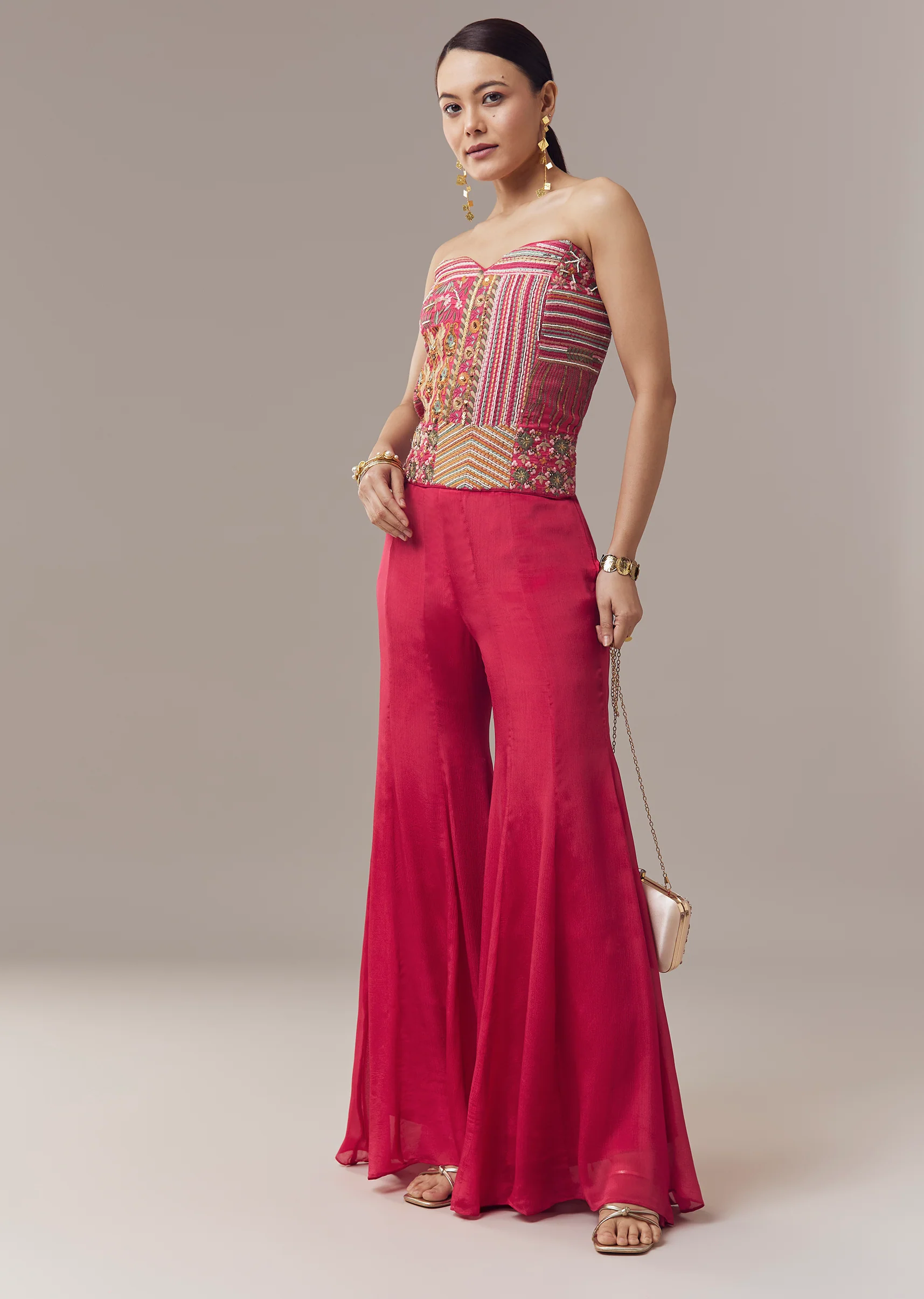 Pink Corset Crop Top And Pants Set With Thread And Sequins Work - Image 3