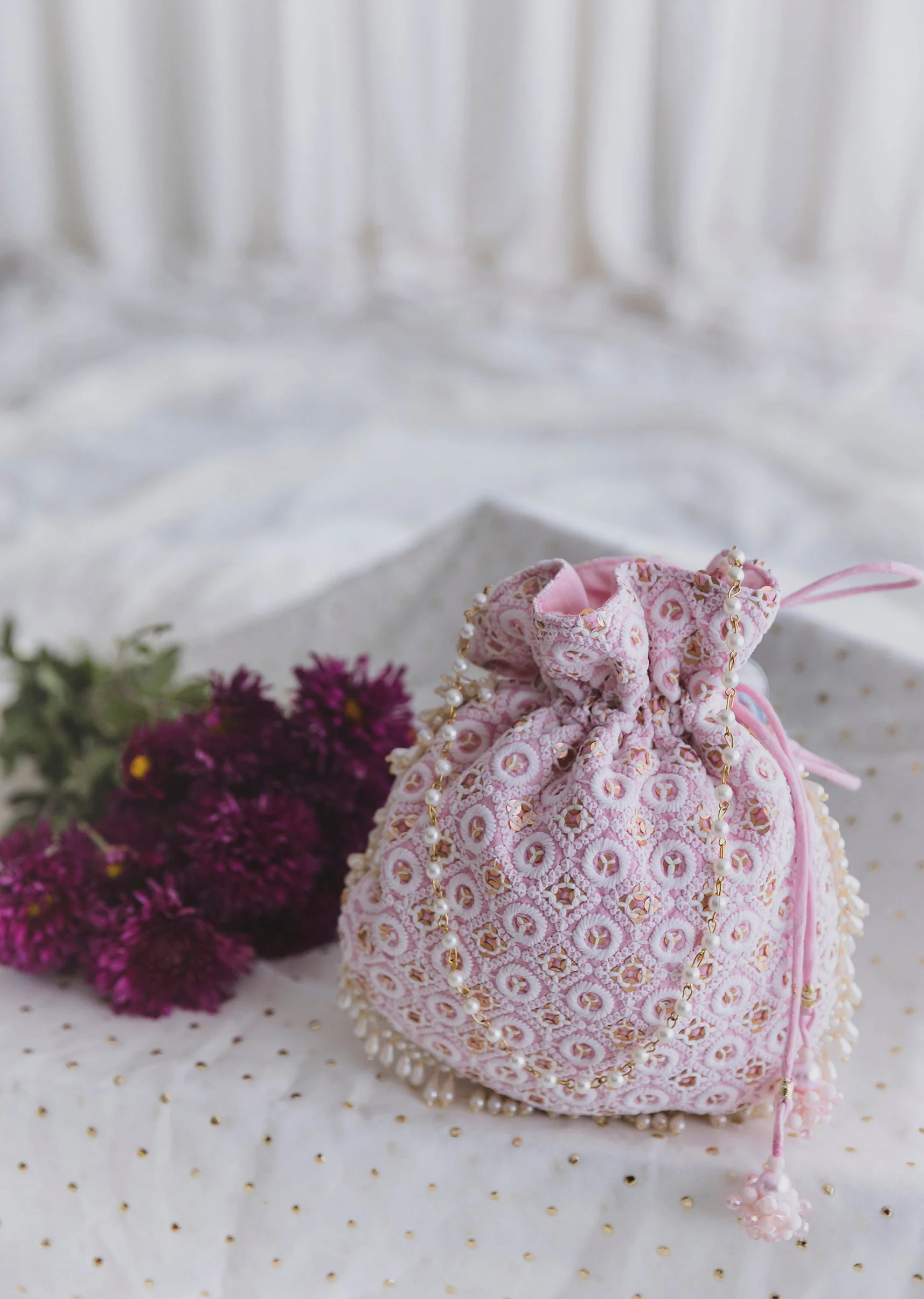 Pink Cotton Potli With Embroidery