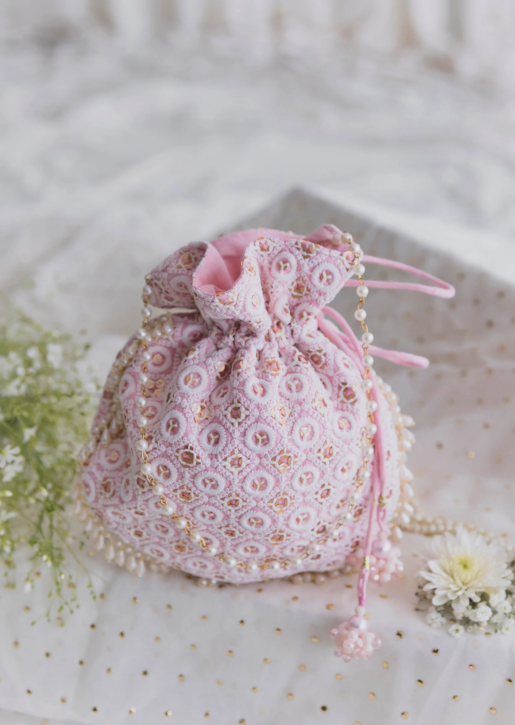 Pink Cotton Potli With Embroidery - Image 2