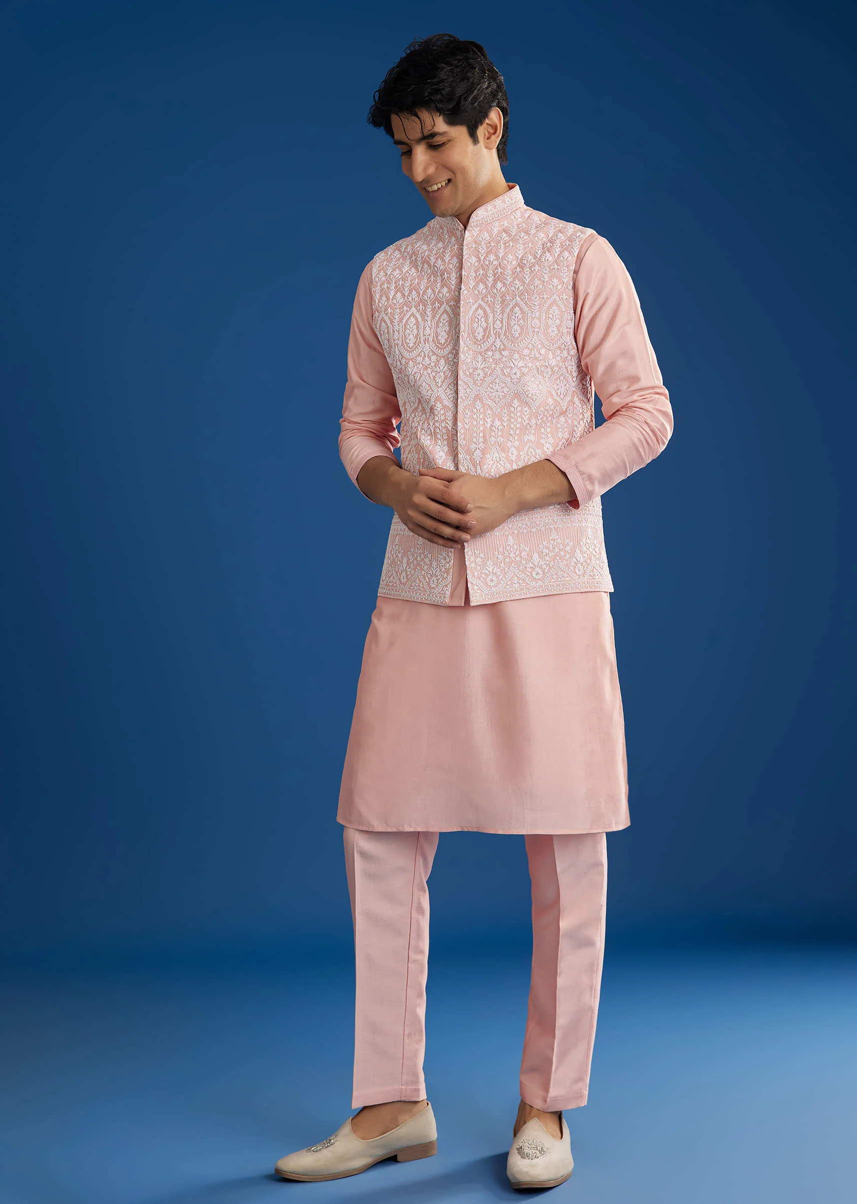Pink Cotton Silk Jacket Kurta Set With Threadwork - Image 2