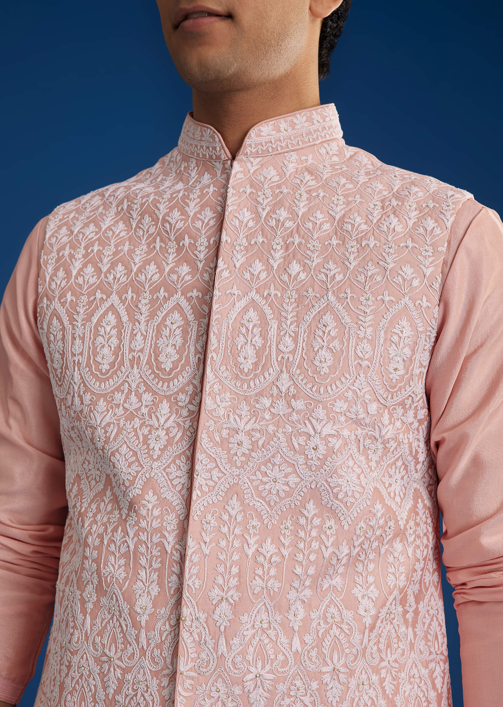 Pink Cotton Silk Jacket Kurta Set With Threadwork - Image 3