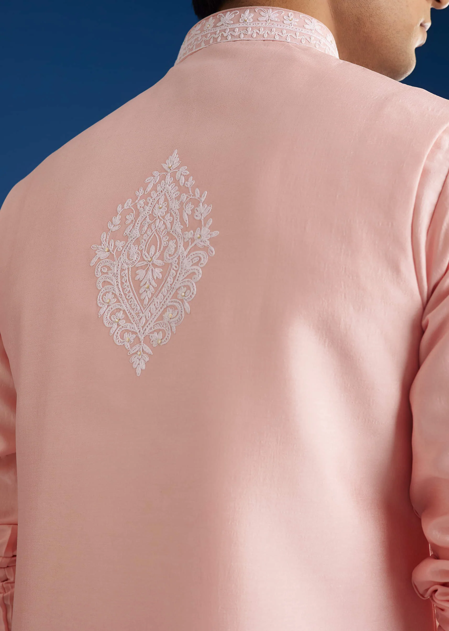 Pink Cotton Silk Jacket Kurta Set With Threadwork - Image 4