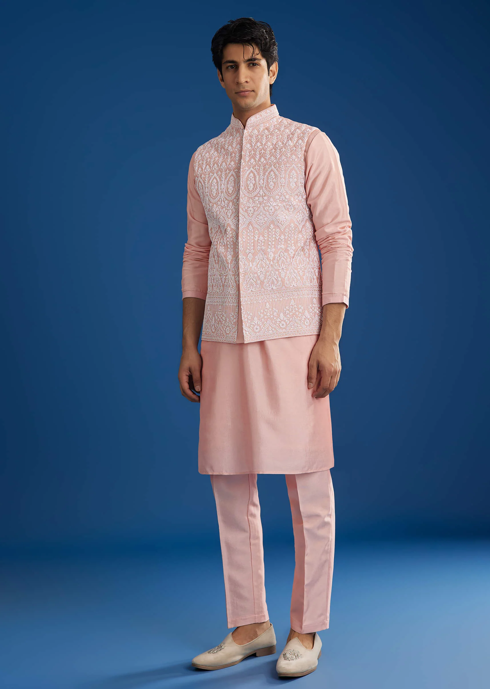 Pink Cotton Silk Jacket Kurta Set With Threadwork - Image 5