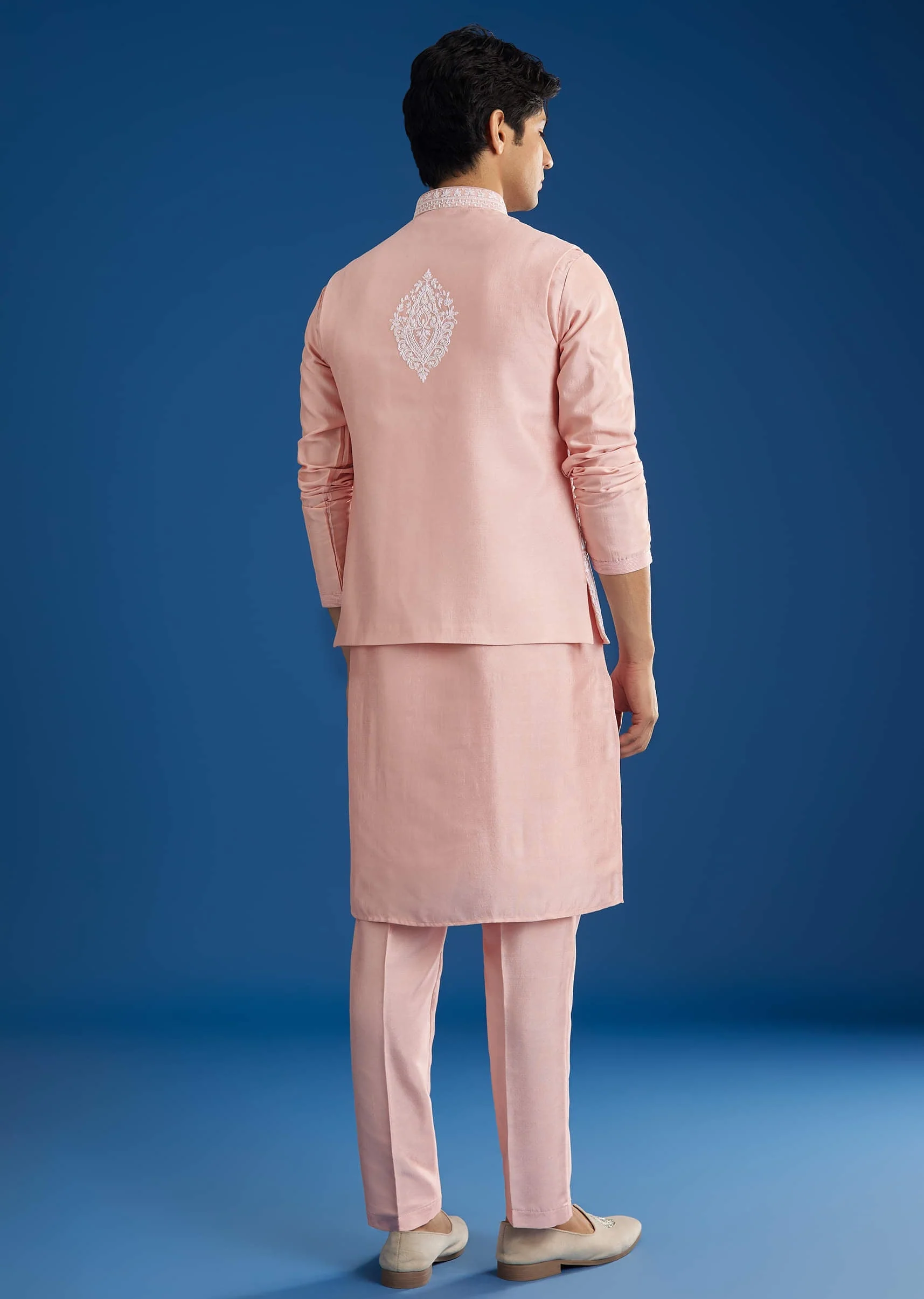 Pink Cotton Silk Jacket Kurta Set With Threadwork - Image 6