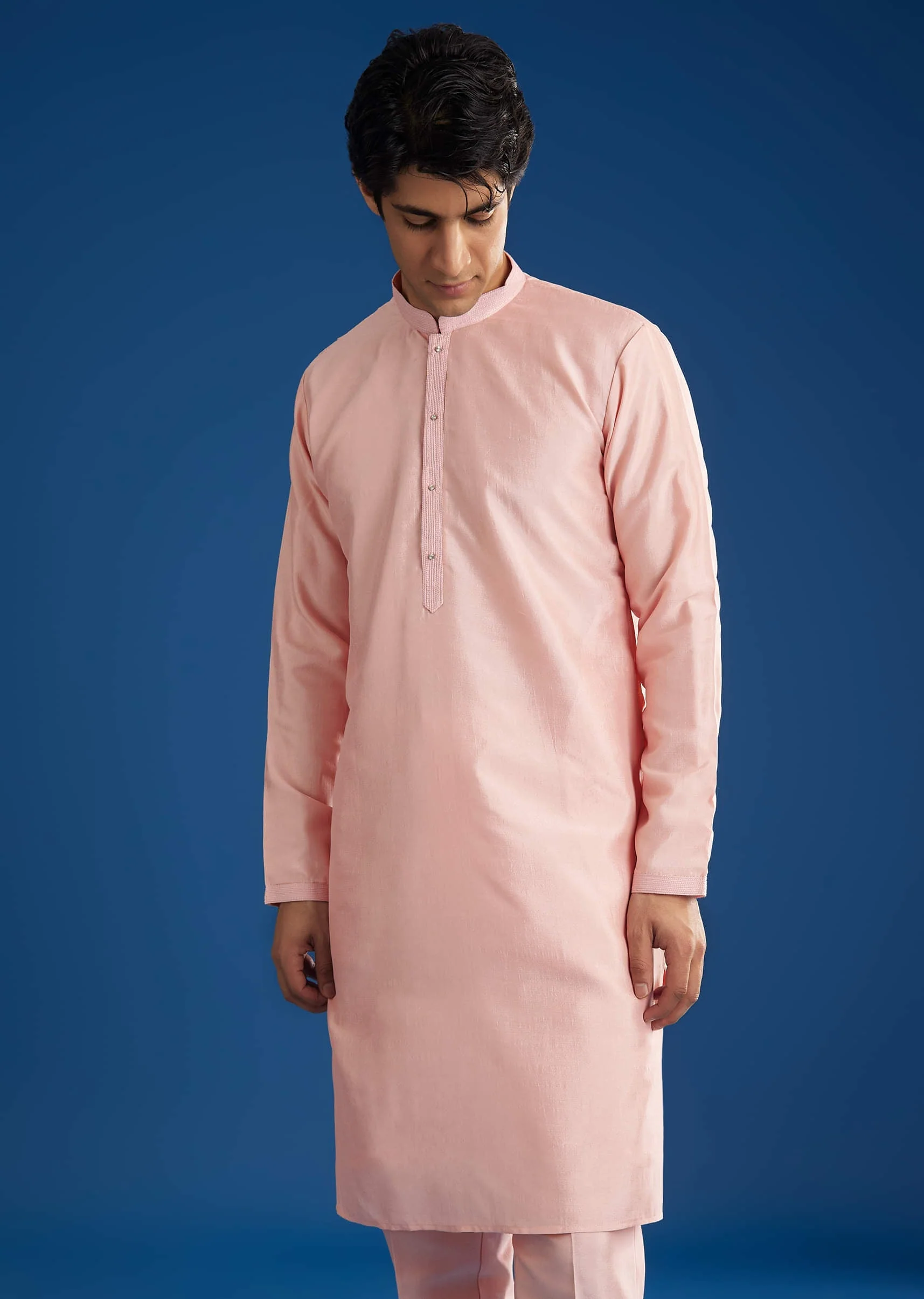 Pink Cotton Silk Jacket Kurta Set With Threadwork - Image 7