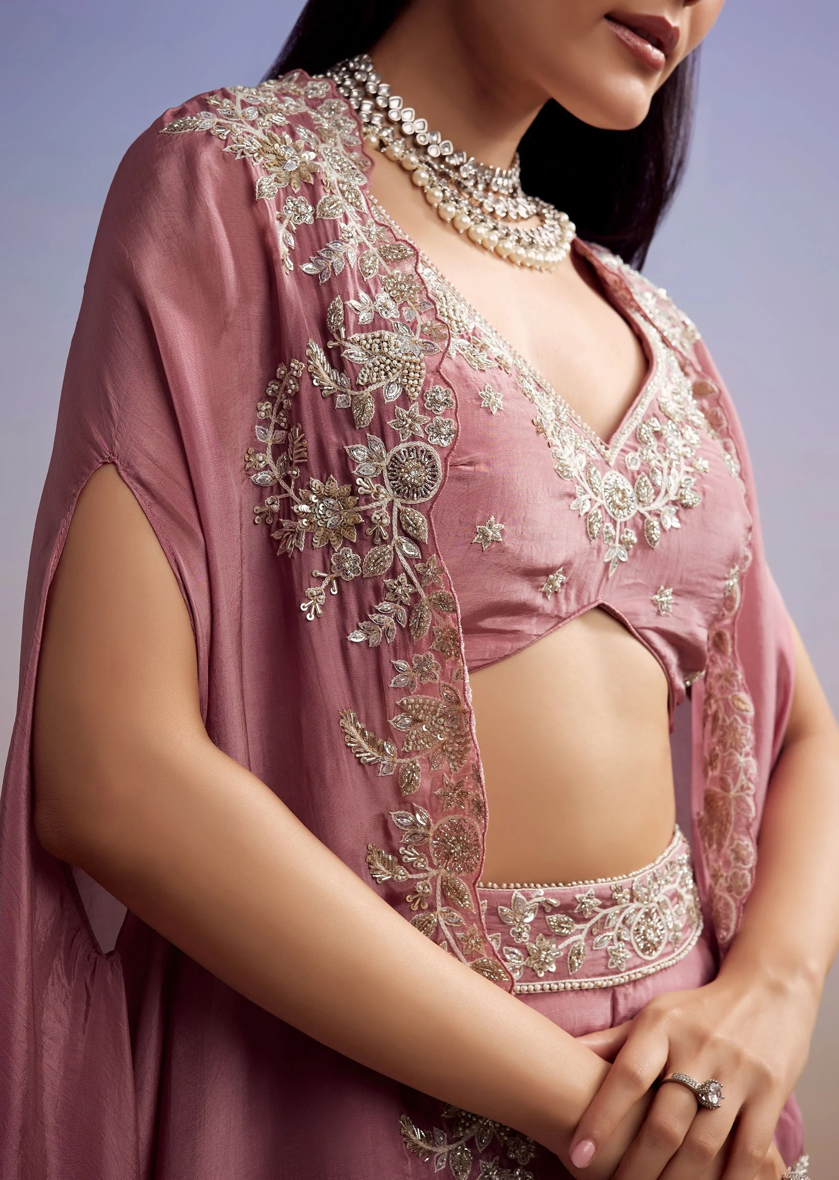 Pink Crepe Crop Top And Cape Set With Embroidery - Image 2