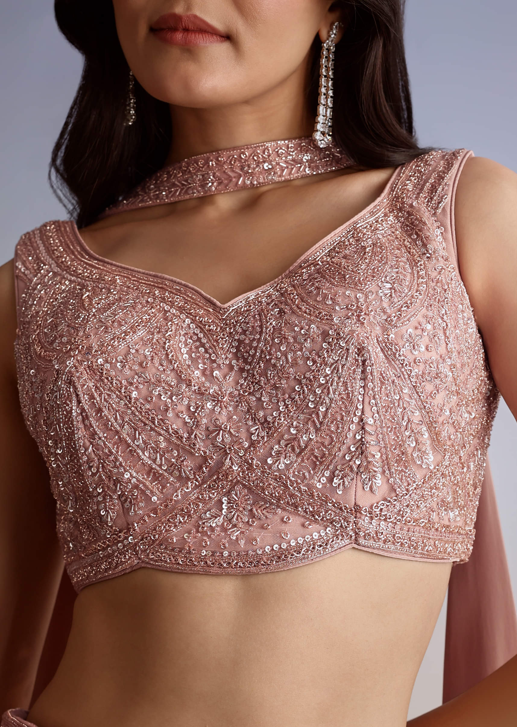 Pink Crepe Cutdana Sequin Embroidered Croptop Palazzo Suit With Dupatta